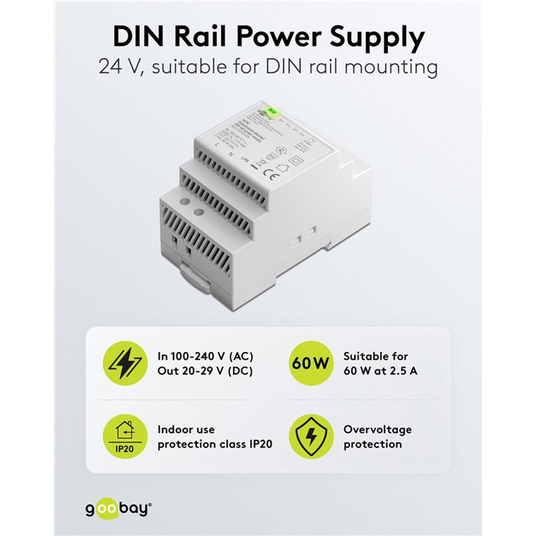 Goobay GOOBAY Hutschienen-Netzteil 74767, 24 V, 2,5 A, 60 W Hutschienen-Netzteil