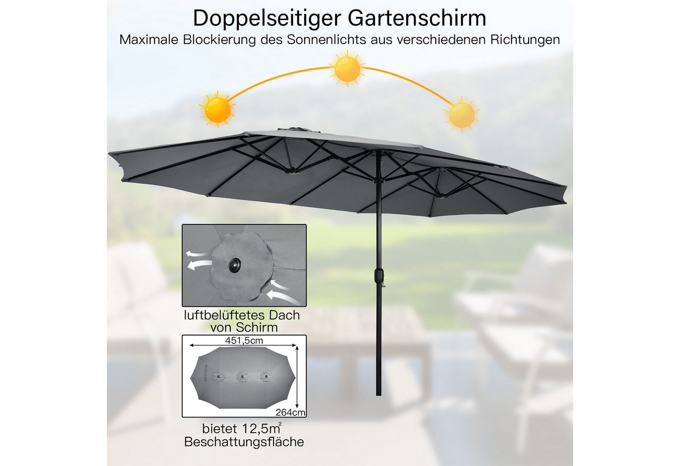 Thumbnail - KOMFOTTEU Sonnenschirm, Doppelsonnenschirm mit Kurbel & Belüftung