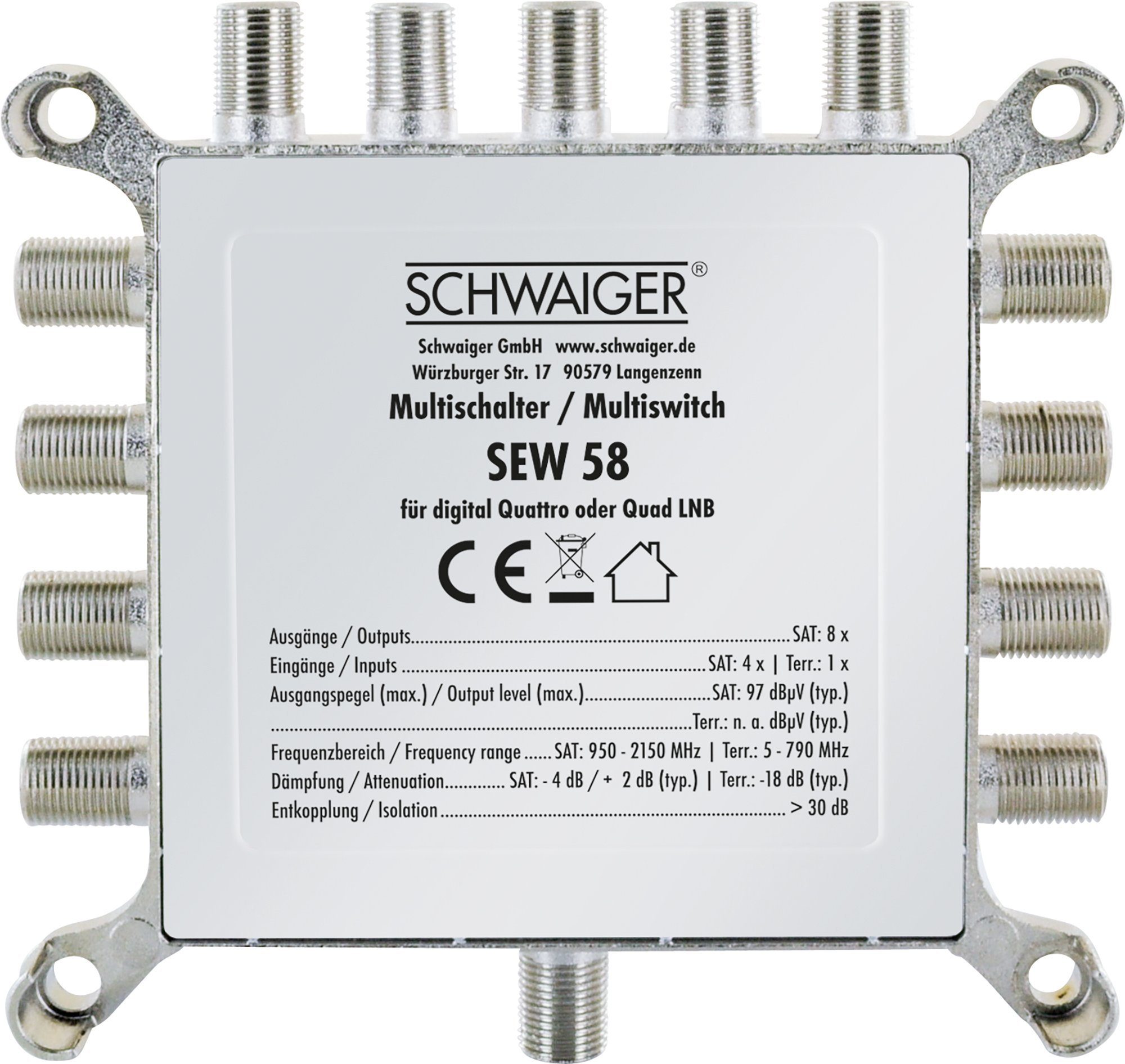 Schwaiger SAT-Multischalter SEW58 531 (verteilt 1 Satellitenpositionen auf 8 Ausgänge), unabhängige Programmvielfalt für alle Teilnehmer