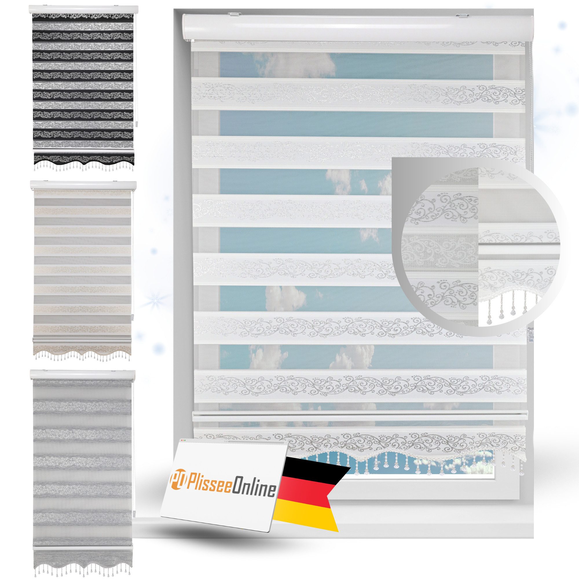 Doppelrollo Duorollo Doppelrollo mit Kassette Rankenmuster und Perlen