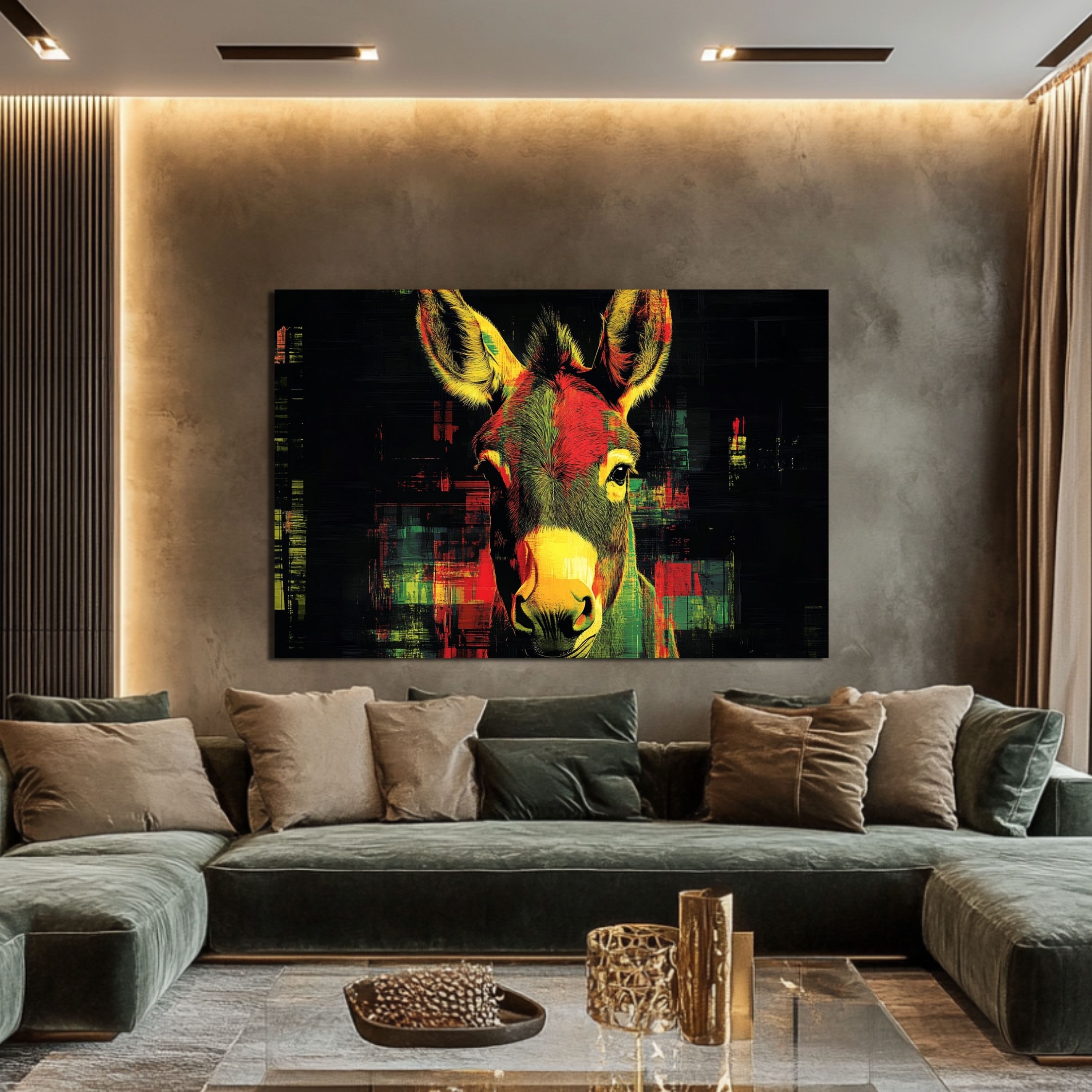 DARO Design Leinwandbild Modern Abstrakt Wandbilder XXL Wandbild Wand Deko Leinwand Bilder, (Esel Warhol Glitch - Bild groß Wohnzimmer Schlafzimmer Küche Esszimmer Einteilig Querformat Fotodruck Leinwände Wanddeko Abstrakte Kunst Boho), 30x20cm