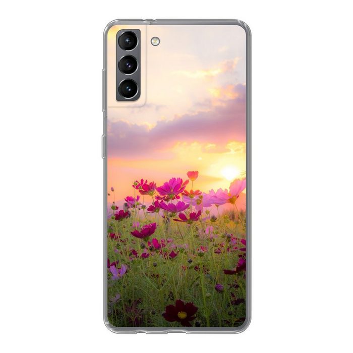 MuchoWow Handyhülle Sonnenuntergang - Blumen - Rosa - Natur - Grün Phone Case Handyhülle Samsung Galaxy S21 Plus Silikon Schutzhülle