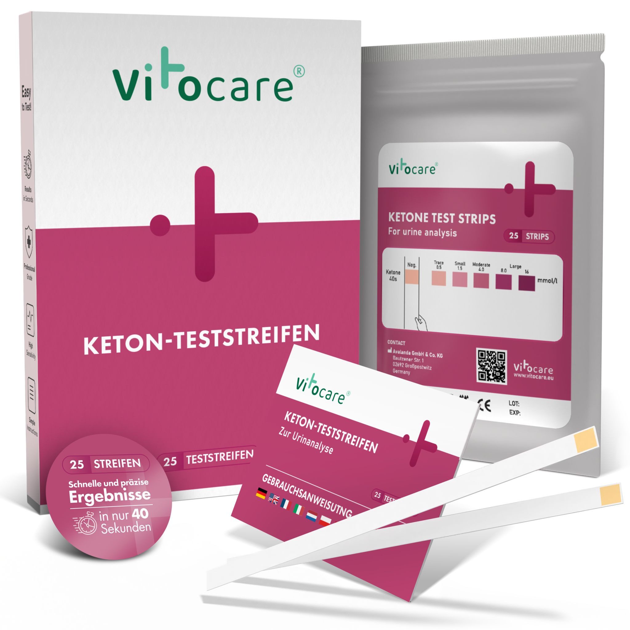 Vitocare Blutzuckermessgerät Keton & Keto Teststreifen, Ketose Selbsttest, 25/125 Stk., Keton Test