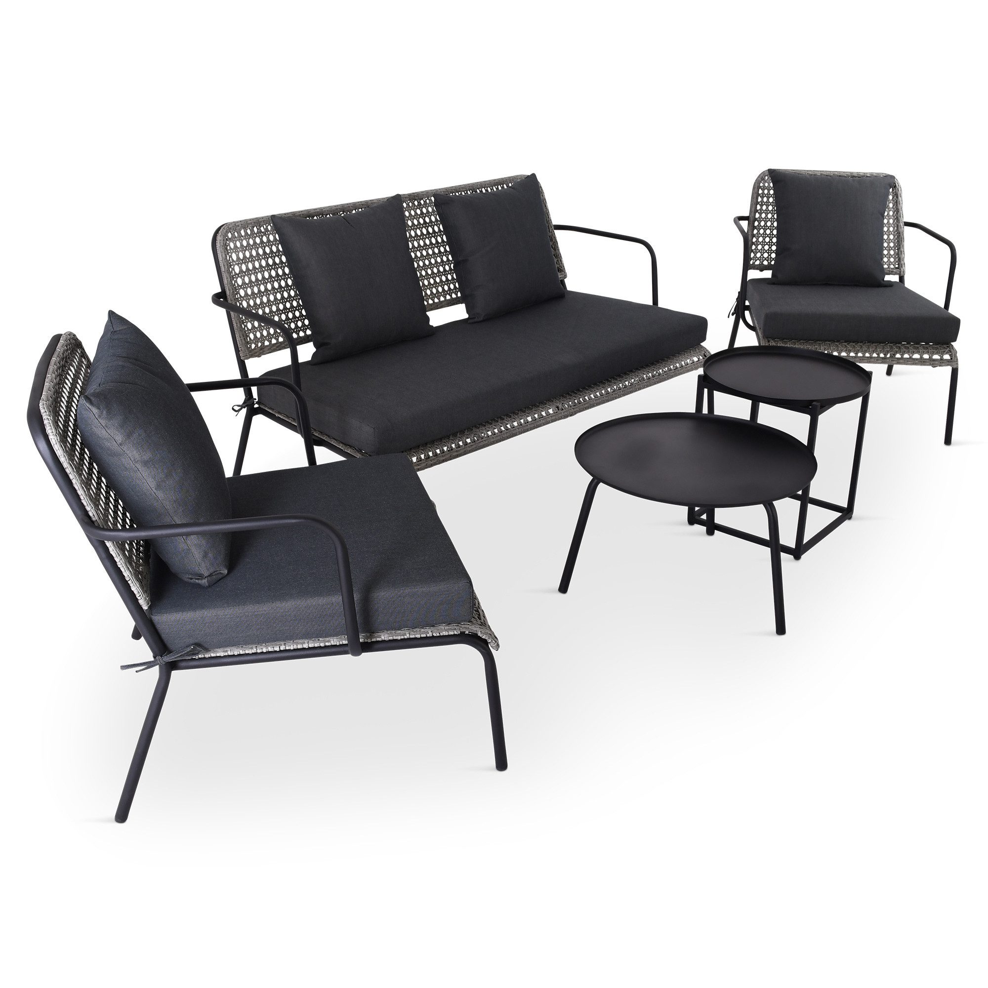 Raburg Gartenlounge-Set Lounge-Sitzgruppe, Polyratten, Anisa, (5-teilig, 2 Sessel & 1 Sofa & 2 Lounge-Tische), Gestell aus Metall in Seiden-Schwarz, belastbar 120 kg pro Sitzfläche