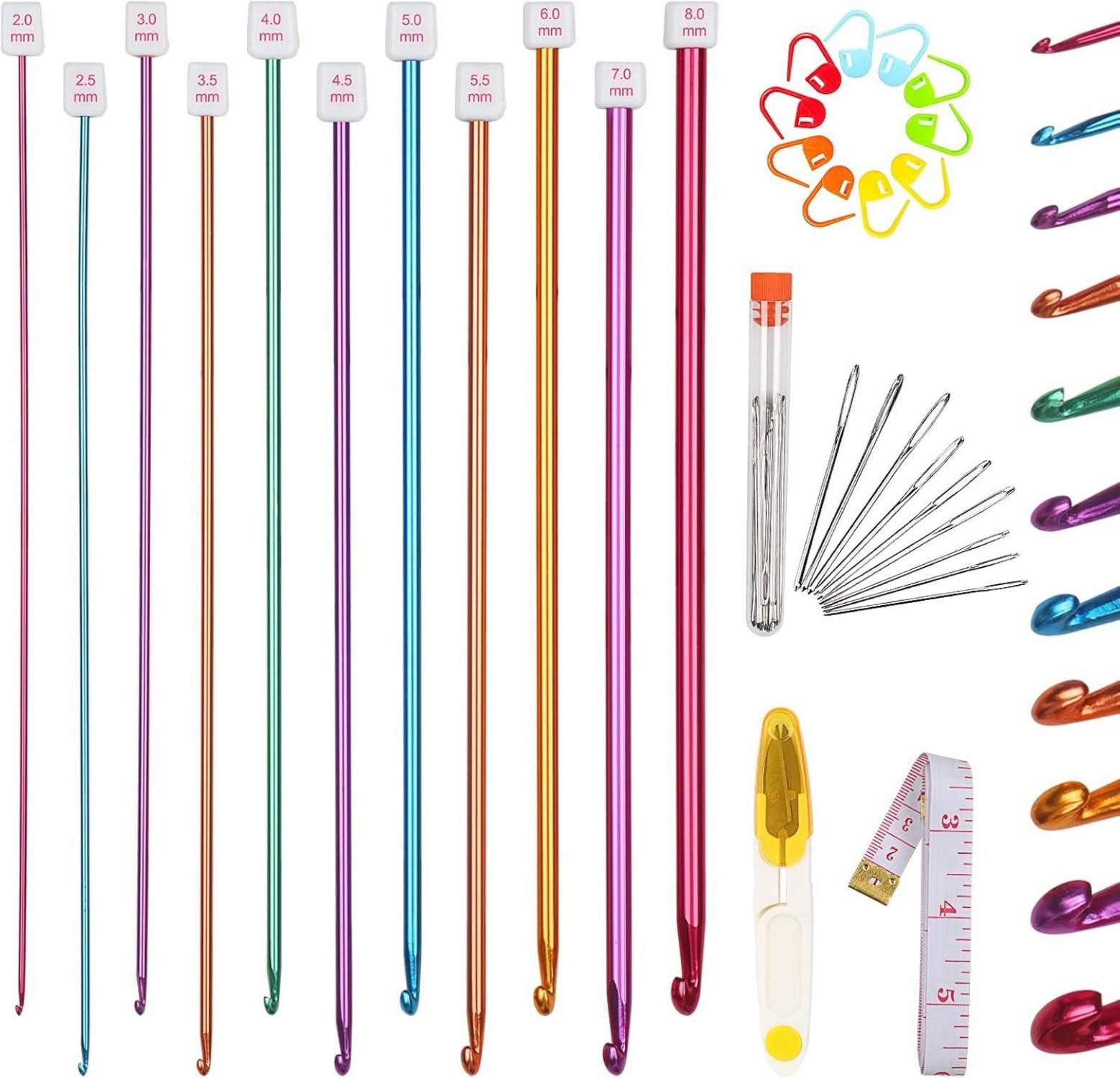 LuxusKollektion Häkelnadeln Tunesische Häkelnadeln Set mit Zubehör, Aluminium Lange Nadeln 2-8 mm