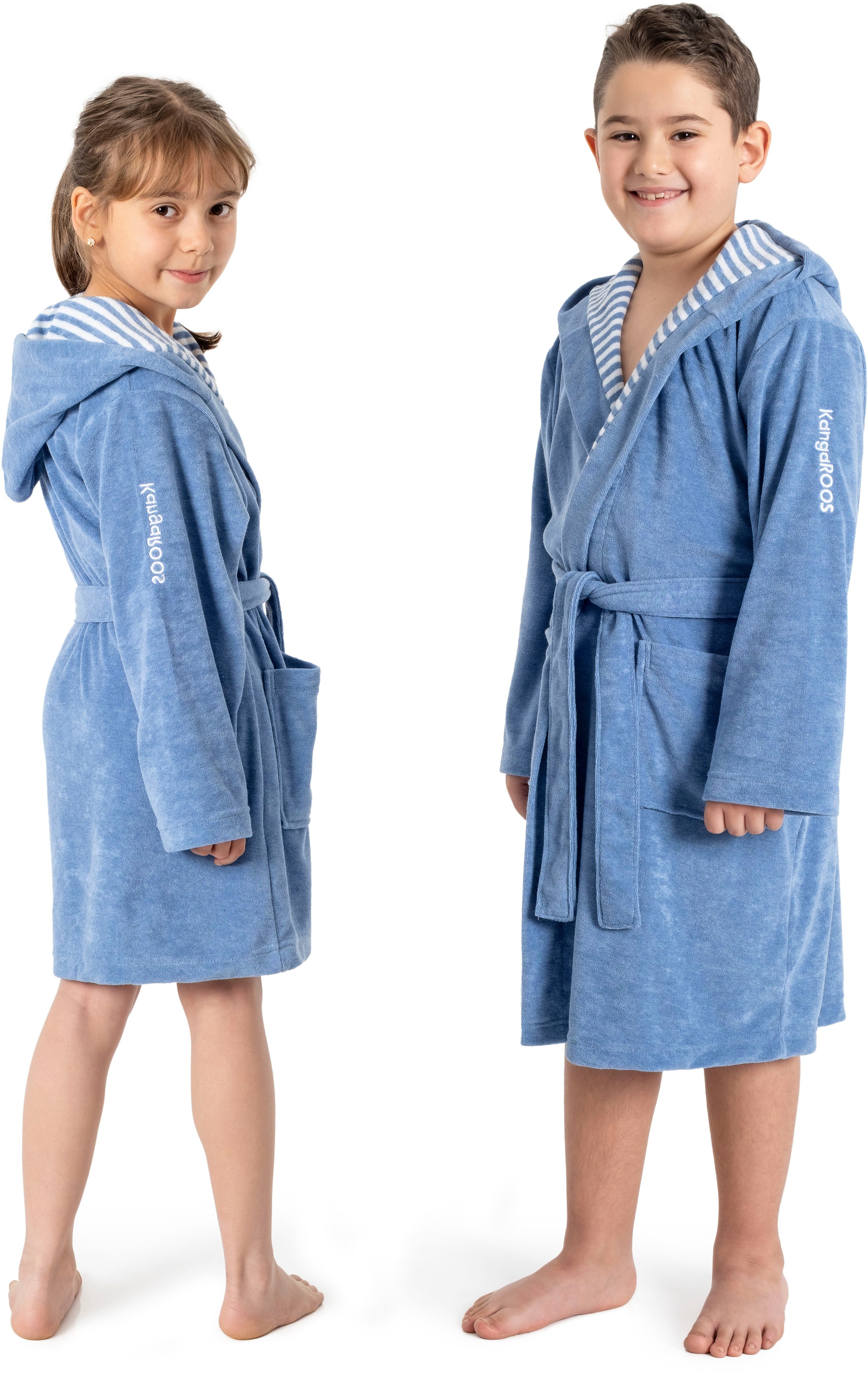 KangaROOS Kinderbademantel Dalia, Ideal für Zuhause, Schwimmbad oder im Urlaub, Langform, Veloursfrottier, Kapuze, Gürtel, Uni-Farben mit Streifen