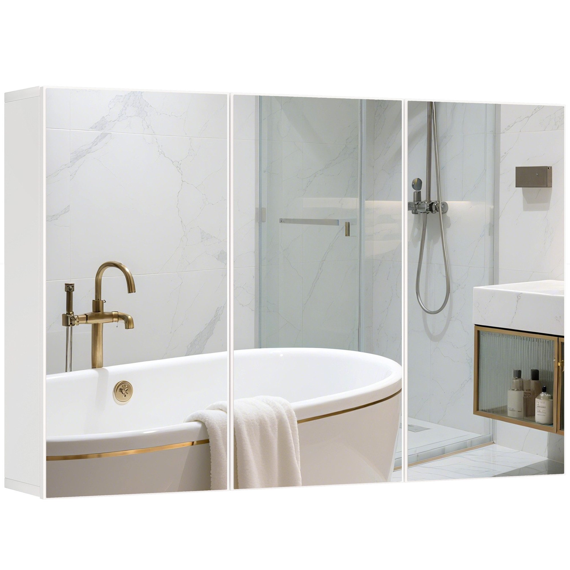 HOMCOM Spiegelschrank mit 3 Spielgeltüren, 5 Regale, (Badschrank, 1-St., Badezimmerschrank) für Badezimmer, Weiß, 90 x 15,5 x 60 cm