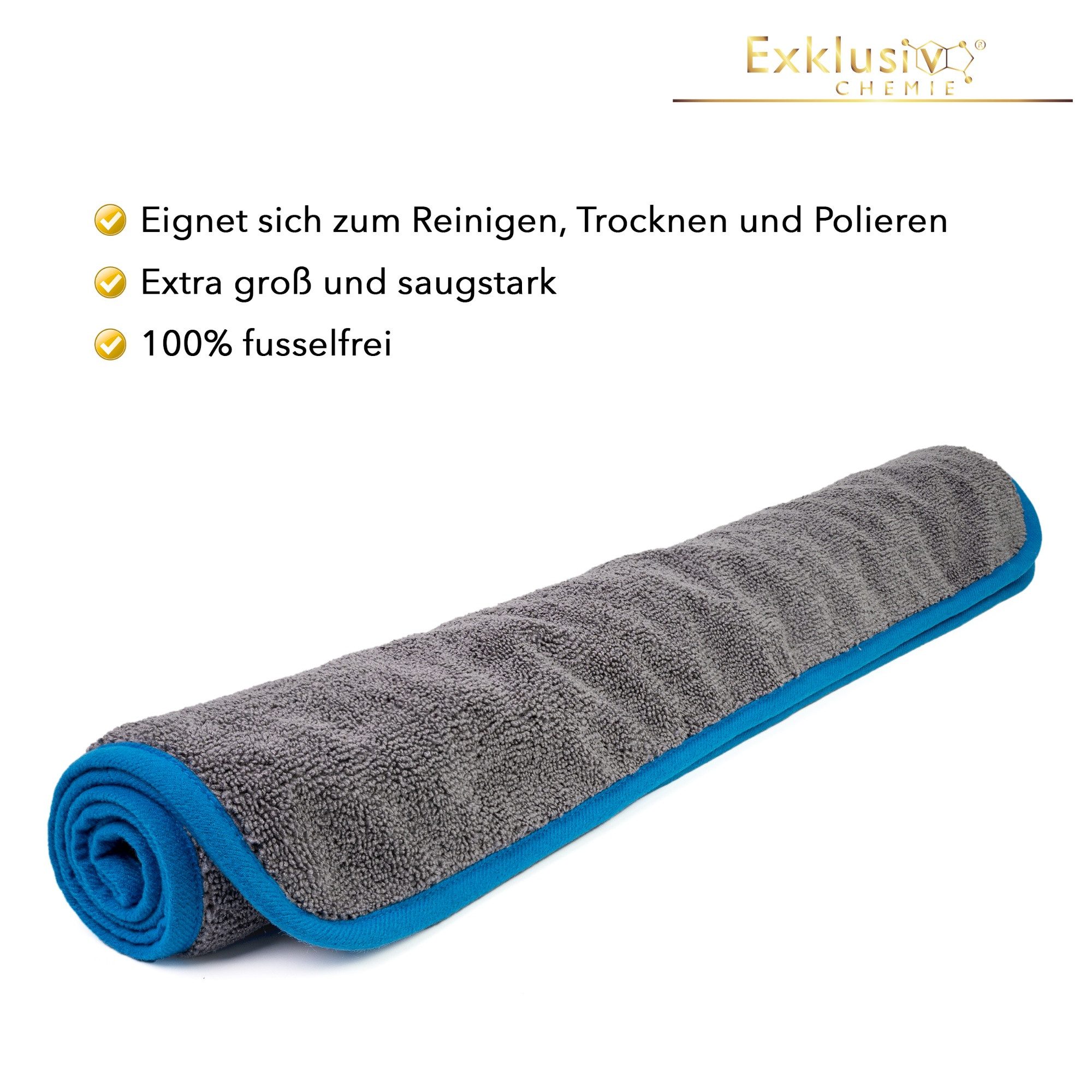 Exklusiv Chemie GmbH Q3 Trockentuch Mikrofasertuch (1-tlg., 1x Trockentuch + 1x Handpolierschwamm, Saugstark, Fusselfrei & Lackschonend)