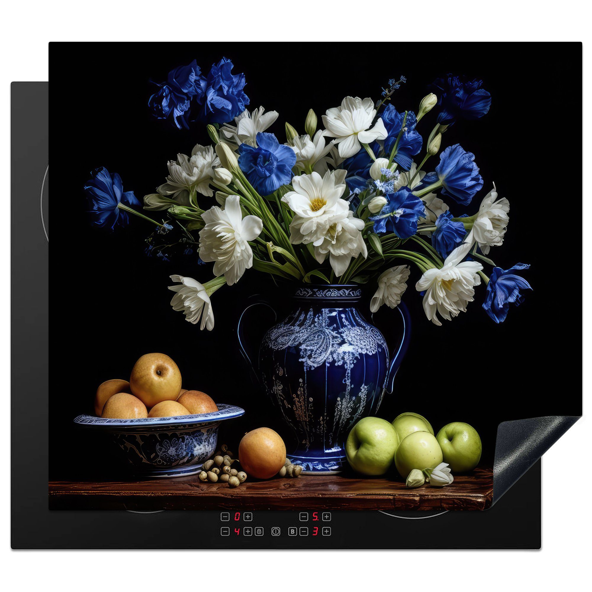 Delfter nutzbar, 60x52 Blumen Blau Vinyl, Herdblende-/Abdeckplatte tlg), - Früchte (1 Niederländisch, MuchoWow Stilleben Mobile - cm, Arbeitsfläche Ceranfeldabdeckung - -