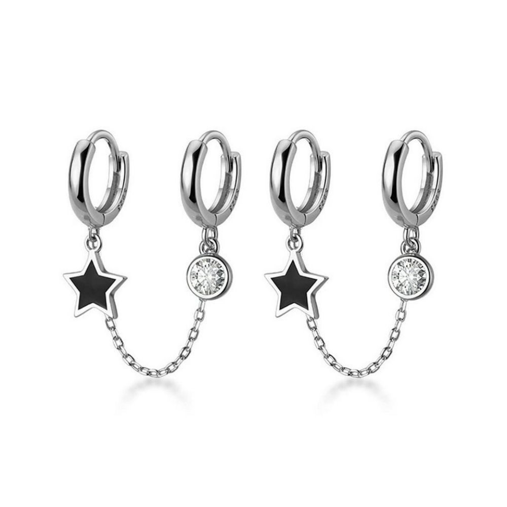 Fivejoy Paar Ohrhänger 925 Sterling Silber Schwarzer Stern Doppelte Ohrringe Kette (2-tlg), für Frauen Teenager Mädchen