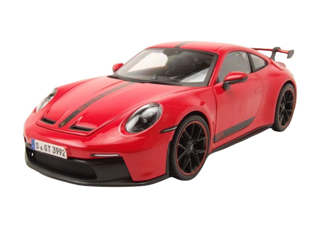 Maisto® Modellauto Porsche 911 GT3 2023 rot mit Streifen, Maßstab 1:18
