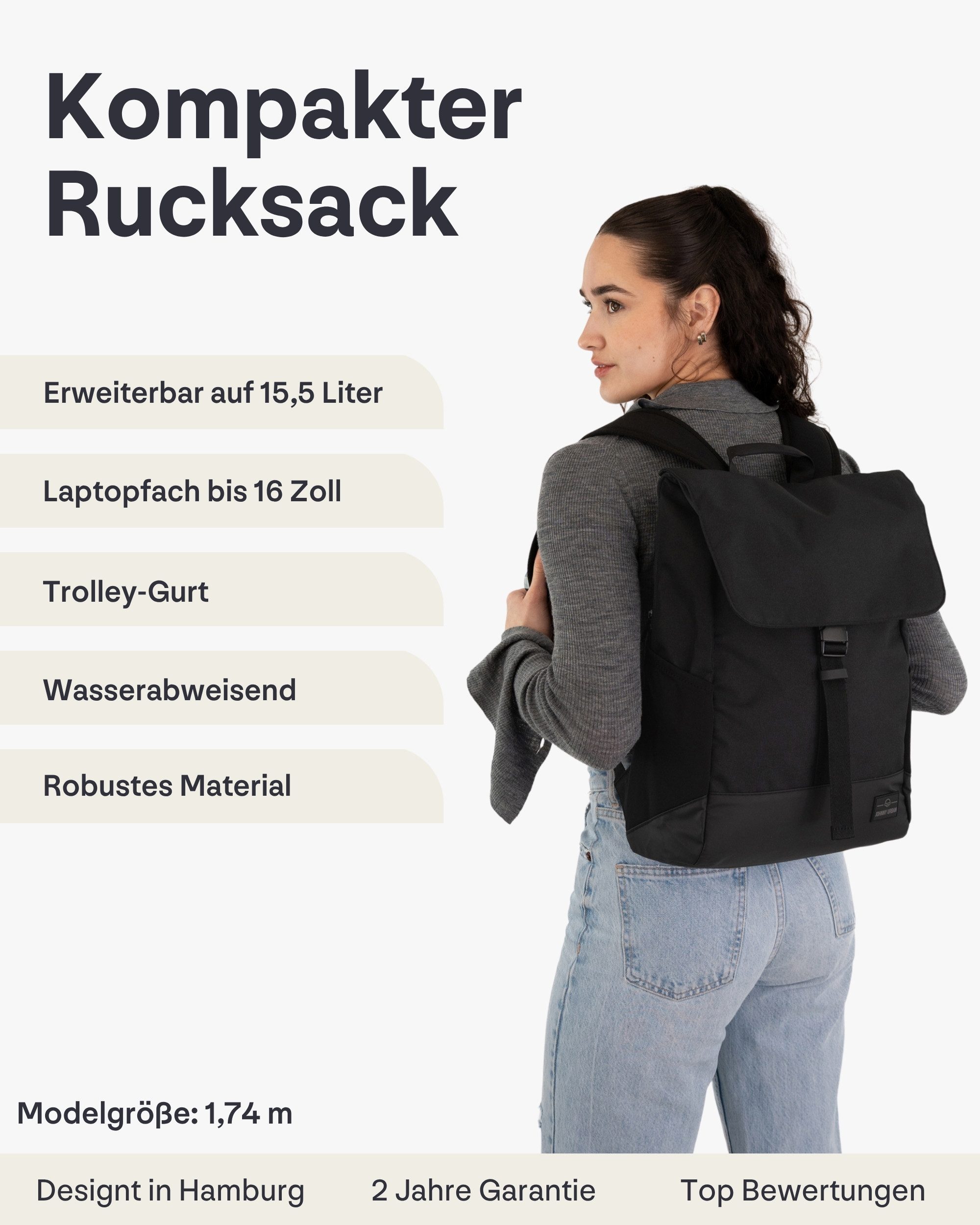 Johnny Urban Cityrucksack MIKA, Rolltop Damen Herren, Laptop Fach (1-tlg), Flexible Größe, Gepolstertes Laptopfach, Wasserabweisend – Bild 2 von 5