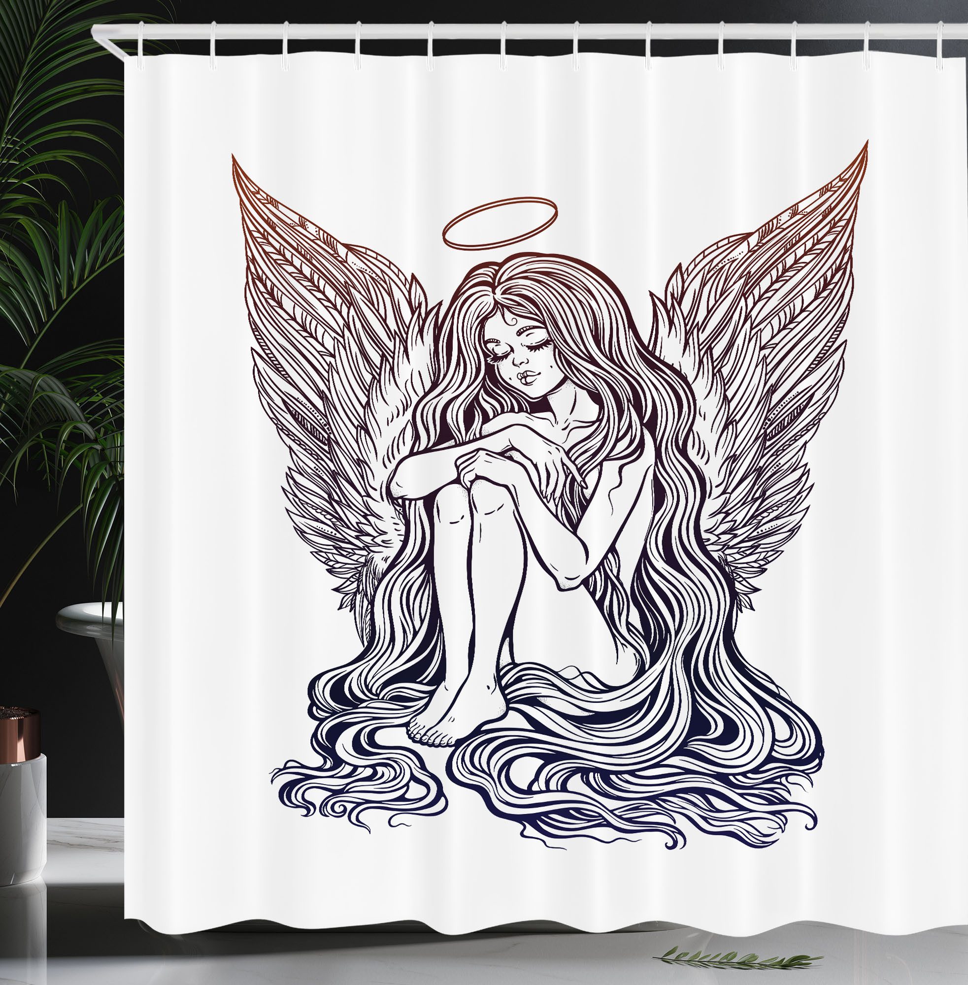 Abakuhaus Duschvorhang Moderner Digitaldruck mit 12 Haken auf Stoff Wasser Resistent Breite 175 cm, Höhe 180 cm, angel Wings Langes Haar Mädchen und Halo