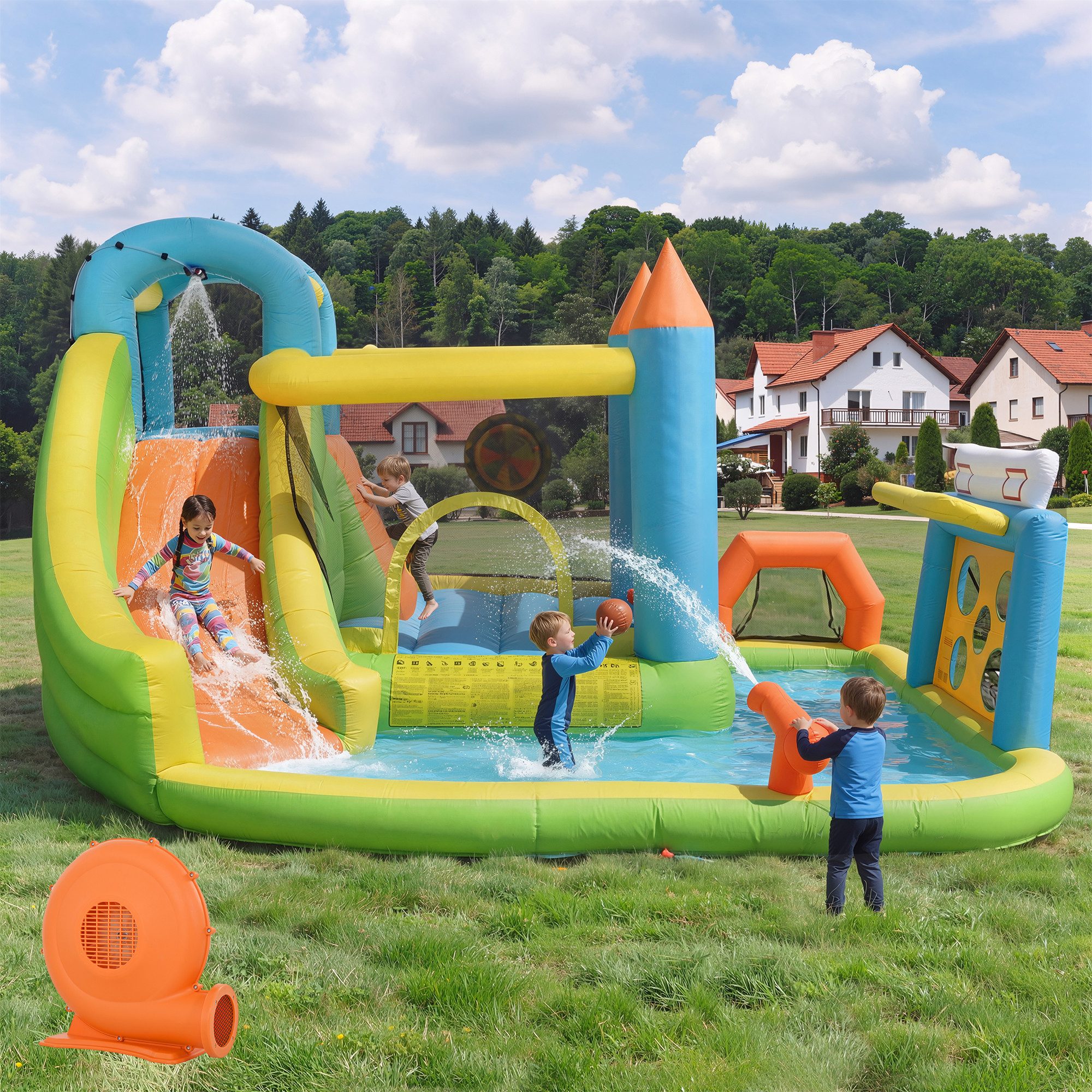 Hüpfburg mit Rutsche, Wasserpool, Fußballnetz & Basketballkorb