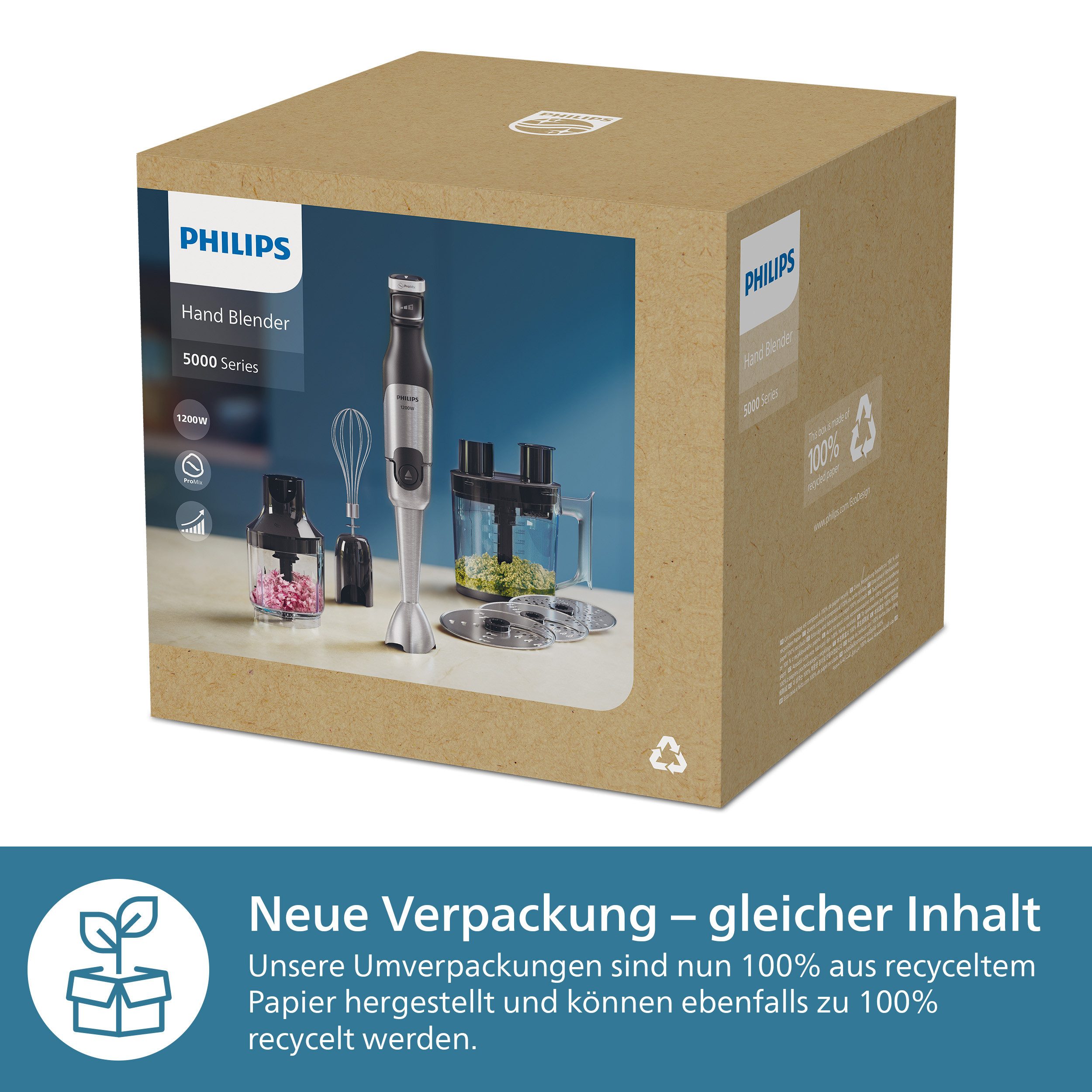 Philips Stabmixer HR2685/00 5000 Series, mit ProMix-Technologie, Becher, 1200 W, Schneebesen, Foodprozessoraufsatz und Zerkleinerer; Edelstahl/Schwarz