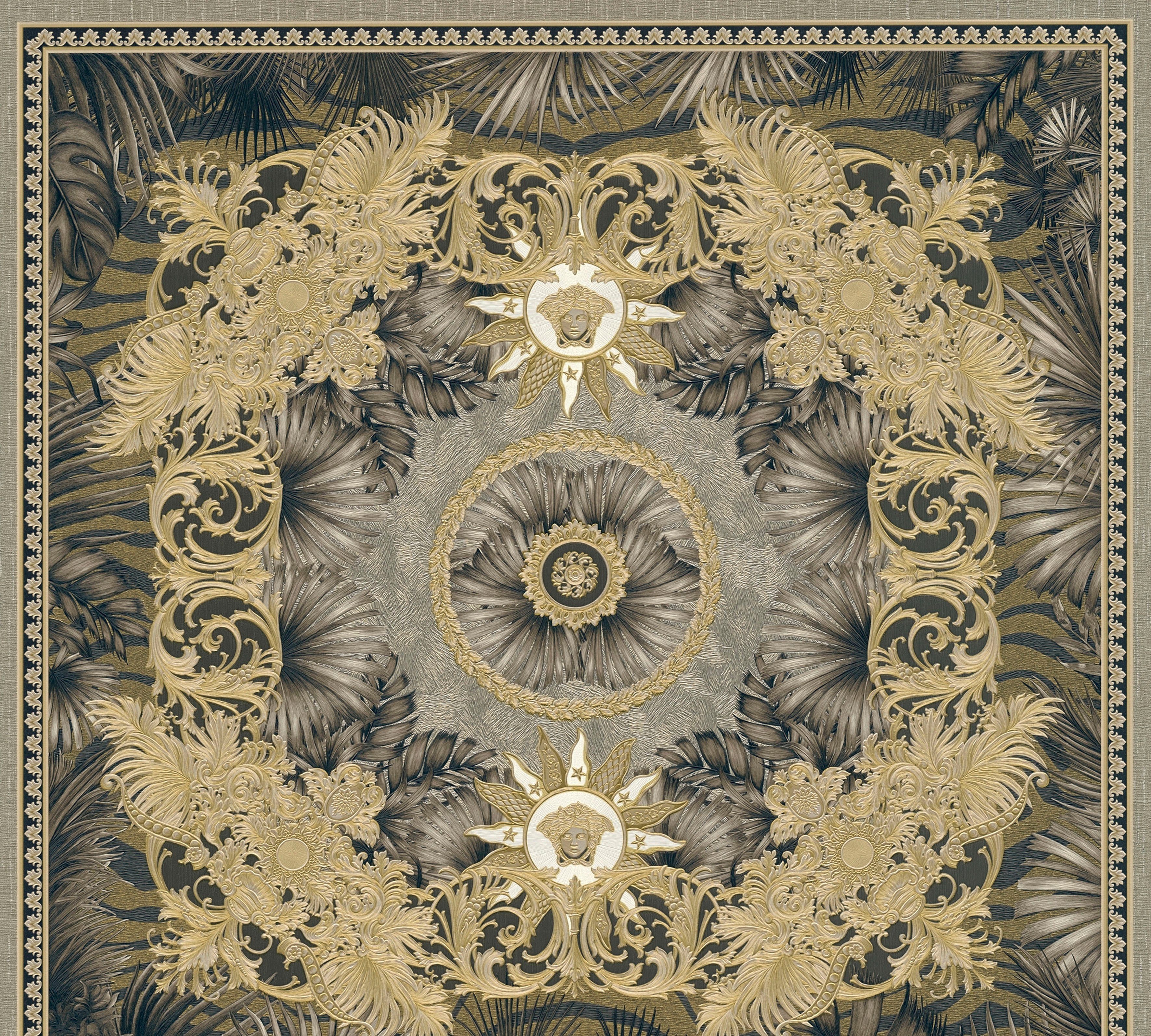 St), Design, Wallpaper leicht braun/goldfarben/silberfarben Vliestapete Versace 5 leicht Dschungel (1 Fliesen-Tapete strukturiert, auffallende Versace glänzend,