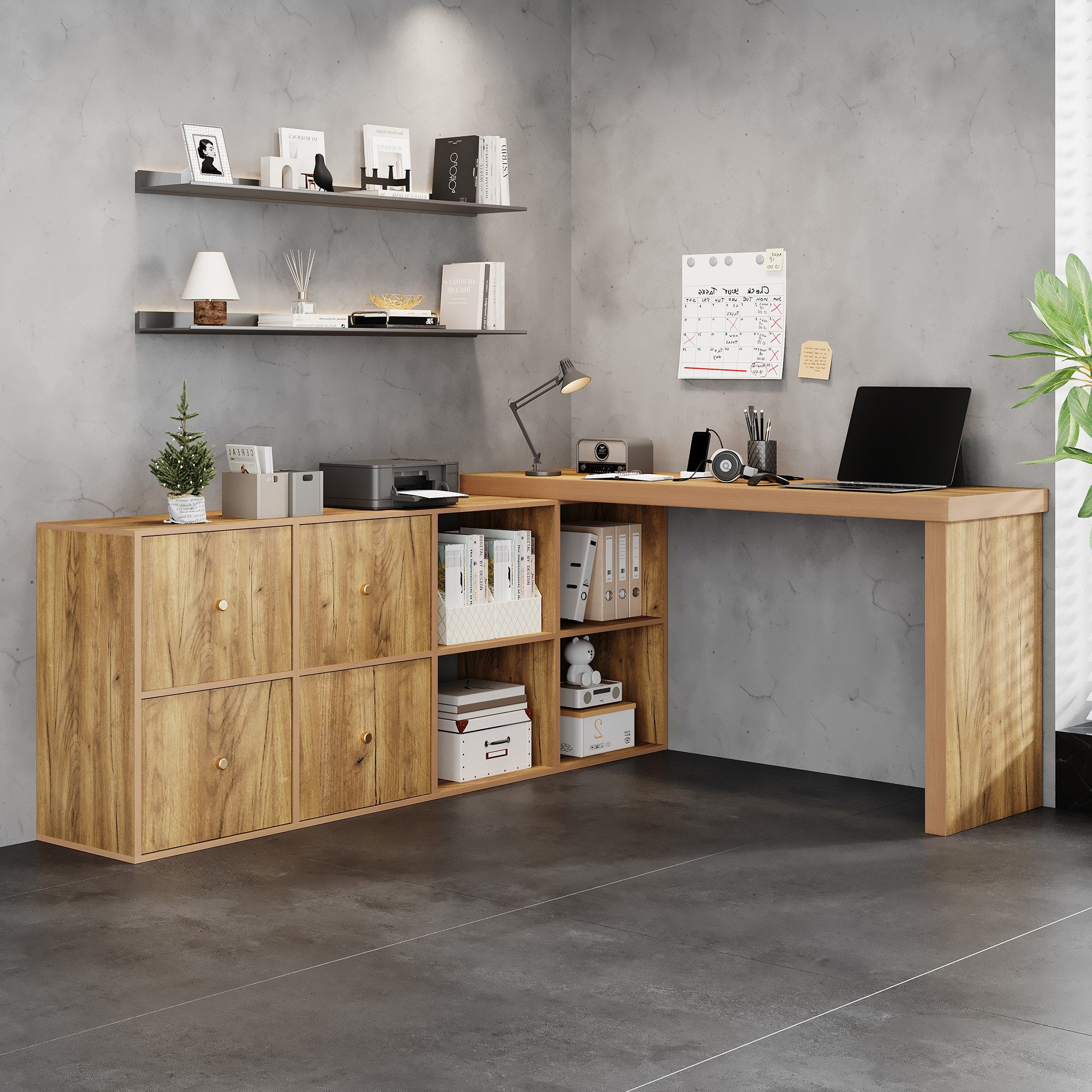 Flieks Schreibtisch 360° drehbar Bürotisch mit 4 Schubladen und 4 Fächern (Tischlänge 120xT48xH78 cm/Schranklänge 140xT35 cm, 2-St., 1 Tisch schwenkbar), Computertisch Eckschreibtisch L-förmiger Arbeitstisch & Kommode Natur