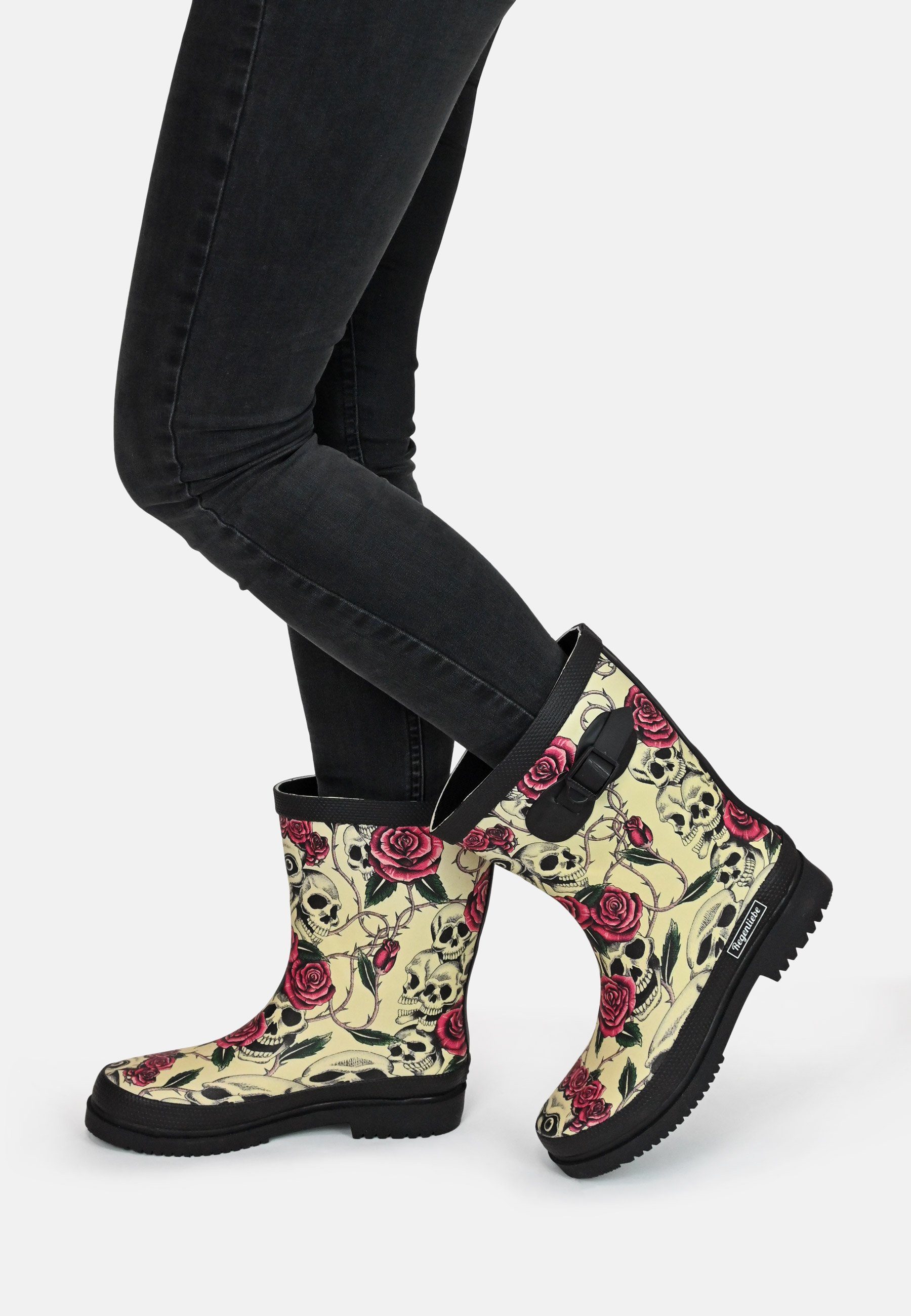 Regenliebe Ghost Gummistiefel Halbschaft Stiefel mit Totenköpfen und roten Rosen