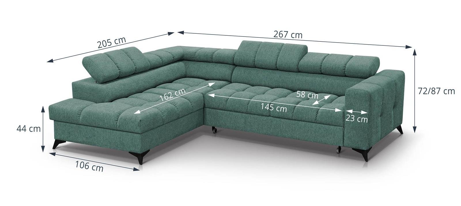 Beautysofa Ecksofa Volf, mit Schlaffunktion, aus 14) verstellbare mit Velours (polaris Schlafecke Design, mit Eckcouch für modernes Wohnzimmer, Grün im Kopfstützen, Bettkasten