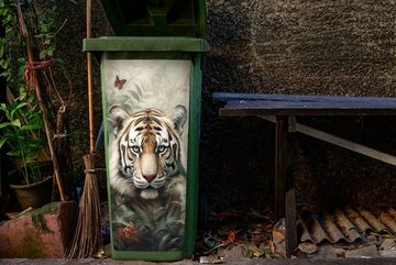 MuchoWow Wandsticker Tiger - Schmetterlinge - Tiere - Dschungel - Blumen (1 St), Mülleimer-aufkleber, Mülltonne, Sticker, Container, Abfalbehälter