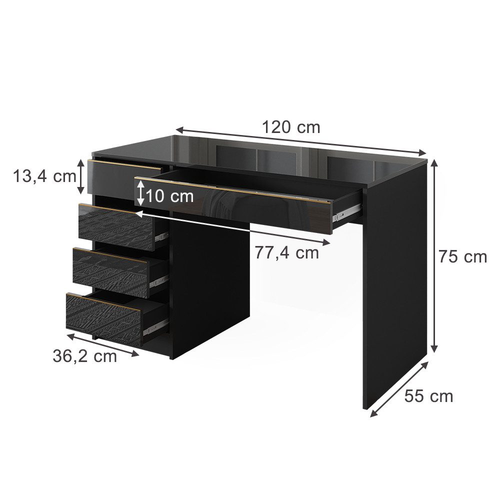 Vicco Schreibtisch Sherry, Schwarz Hochglanz/Gold, 55 x 120 cm mit Schubladen (1-St)
