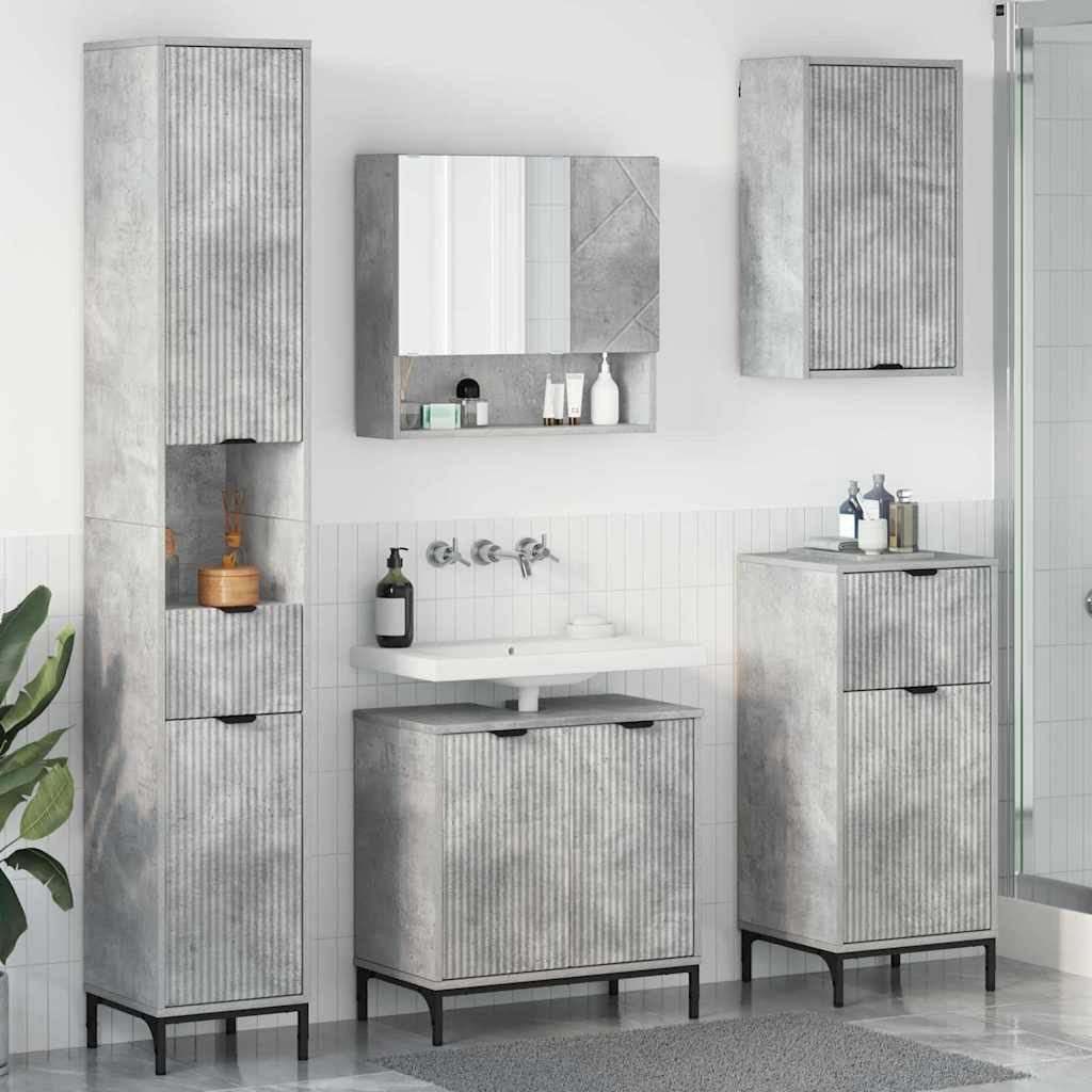 vidaXL Badezimmerspiegelschrank Badezimmermöbel-Set mit Tür Beton Grau Holzwerkstoff, Metall (4-St)