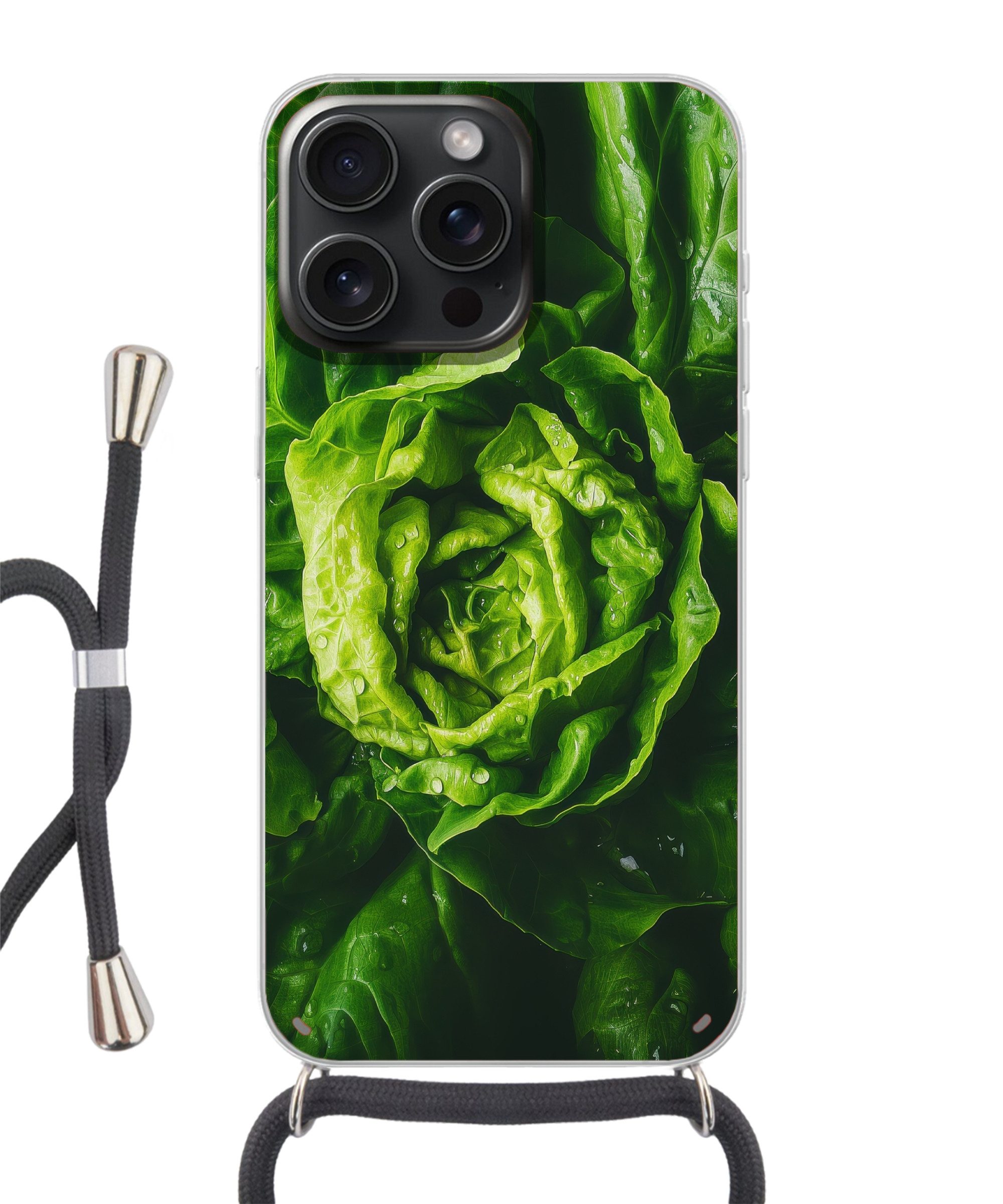 MuchoWow Handyhülle für Apple iPhone 15 Pro Gemüse - Kopfsalat - Grün, Tragbare Handyhüllen mit Kette zum umhängen, Handykette Handyband