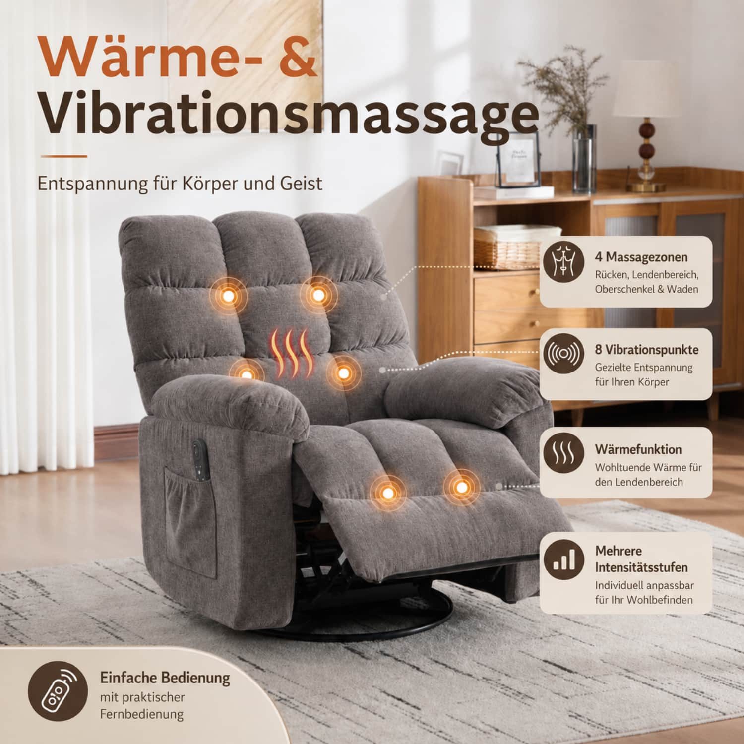 ANYSUN Massagesessel Relaxsessel, 360° drehbar, Massage, Wärmefunktion, Fußstütze. (1 Relaxsessel), Verstellbare Rückenlehne & Fußstütze mit Liegefunktion, bis 158 kg.
