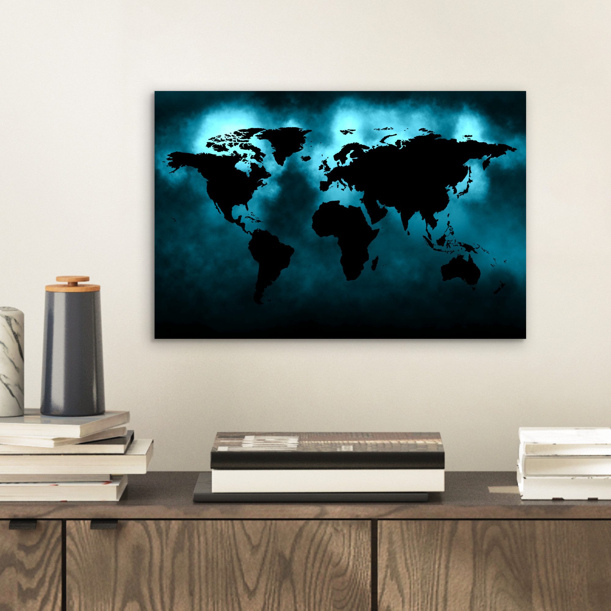 MuchoWow Metallbild Weltkarte - Schwarz - Blau, Inkl. Aufhängung, Wohnzimmer Dekoration aus Alu, Industrial, Metallbilder, 30x20 cm – Bild 2 von 5