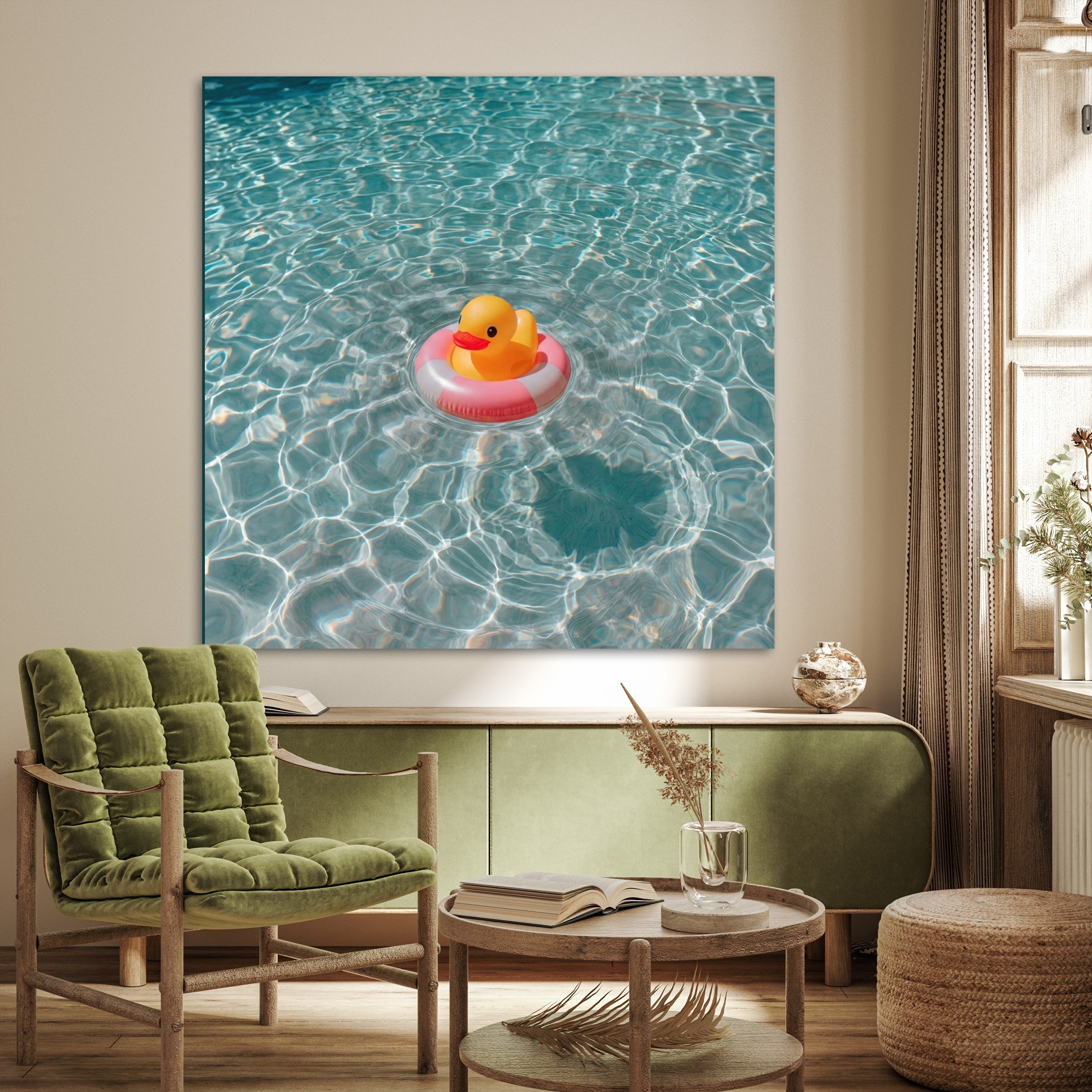 MuchoWow Poster Gummi-Ente - Schwimmband - Gelb, (1 St), Wandbild, Wohnzimmer Deko, Qualitätsdruck Dickes Papier, 100x100 cm