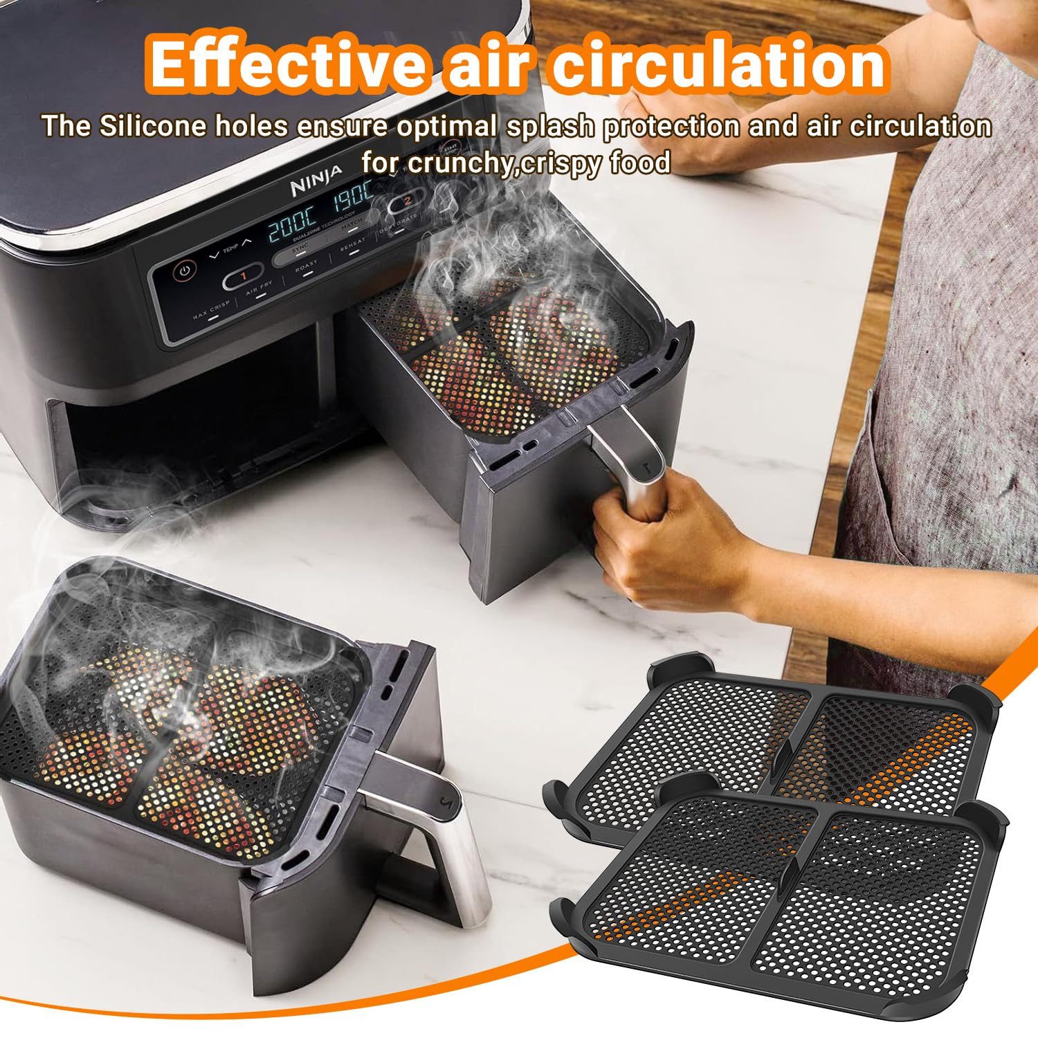 SURFOU Küchenmaschinen Zubehör-Set 2 Stück Silikon Spritzschutz für Ninja AF300EU Foodi Max, Zubehör für Heißluftfritteuse Zubehör, Speziell für Ninja AF300 Serie entwickelt – gegen Fett schützen, Schutz für Heizspirale & Ventilator, Hitzebeständig bis 240°C, Spülmaschinenfest, Lebensmittelechtem Silikon&Edelstahl, Rutschfest, verschleißfest und stabil genug