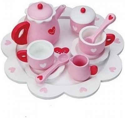 LeNoSa Spielgeschirr Kinder-Teeservice rosa mit Herzen • Holz Tasse-Teller-Löffel-Kanne