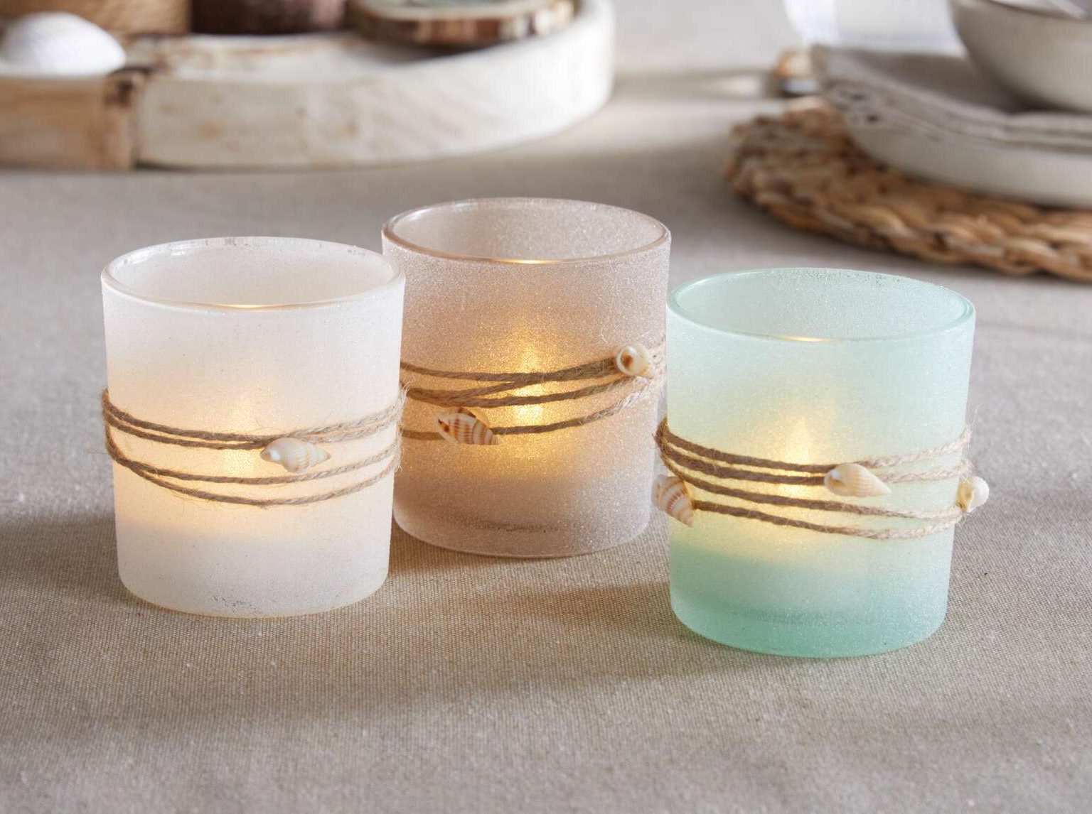 Dekoleidenschaft Windlicht „Maritim“ Teelichthalter aus Glas mit Muscheln, Teelichtgläser Set (3 St., im Set), Kerzengläser, Teelichterhalter