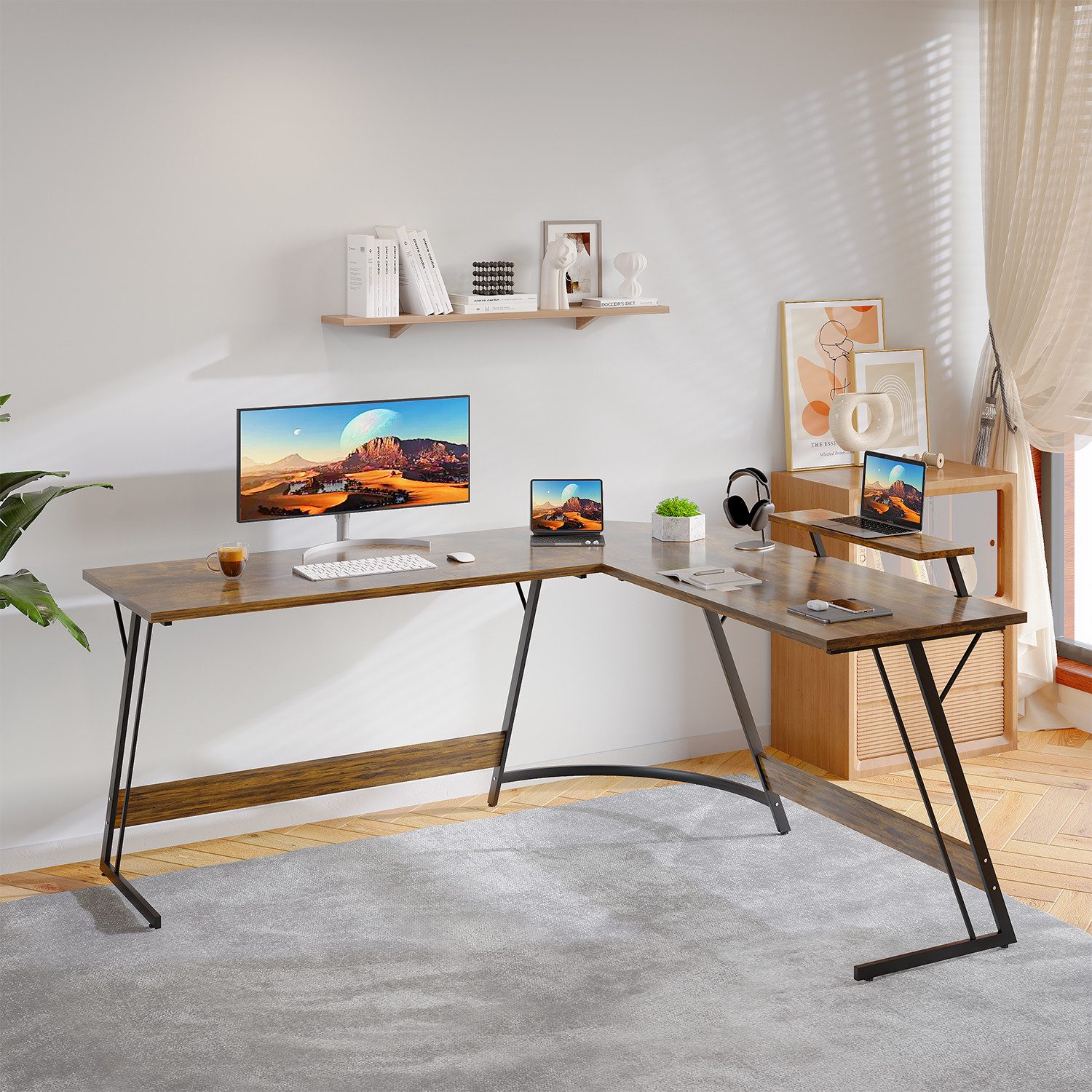GUNJI Computertisch L-förmiger Gaming-Schreibtisch, Eckschreibtisch, 120cm (Tischplatte aus Kohlefaser mit Display-ausgestatteten Beinen und Z-förmigem Rahmen)