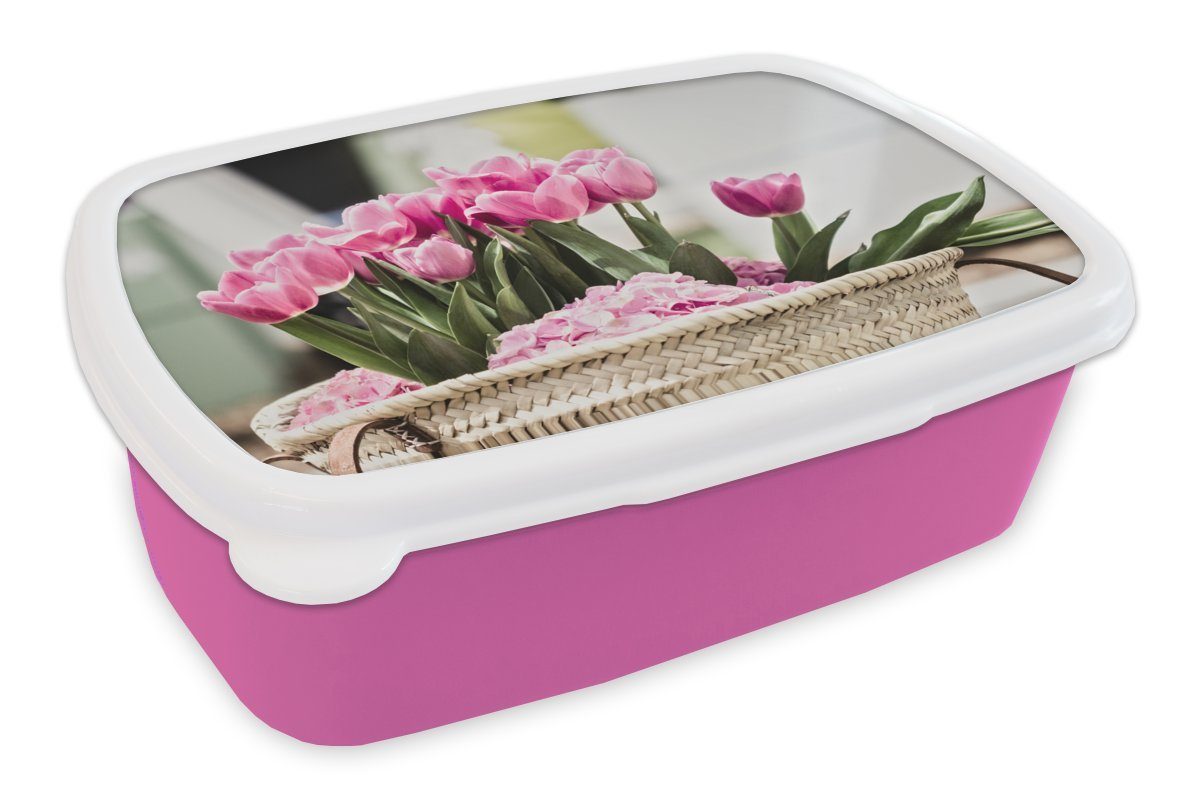 MuchoWow Lunchbox Strauß lila Tulpen in einem Weidenkorb, Kunststoff, (2-tlg), Brotbox für Erwachsene, Brotdose Kinder, Snackbox, Mädchen, Kunststoff rosa