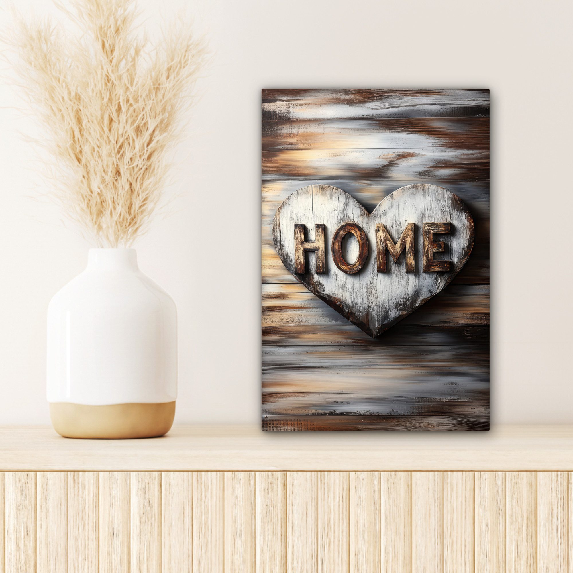 OneMillionCanvasses® Leinwandbild Zuhause - Herz - Holzoptik - Liebe, Fotodruck (1 St), Leinwand Canvas Wandbild, Wanddekoration 20x30 cm