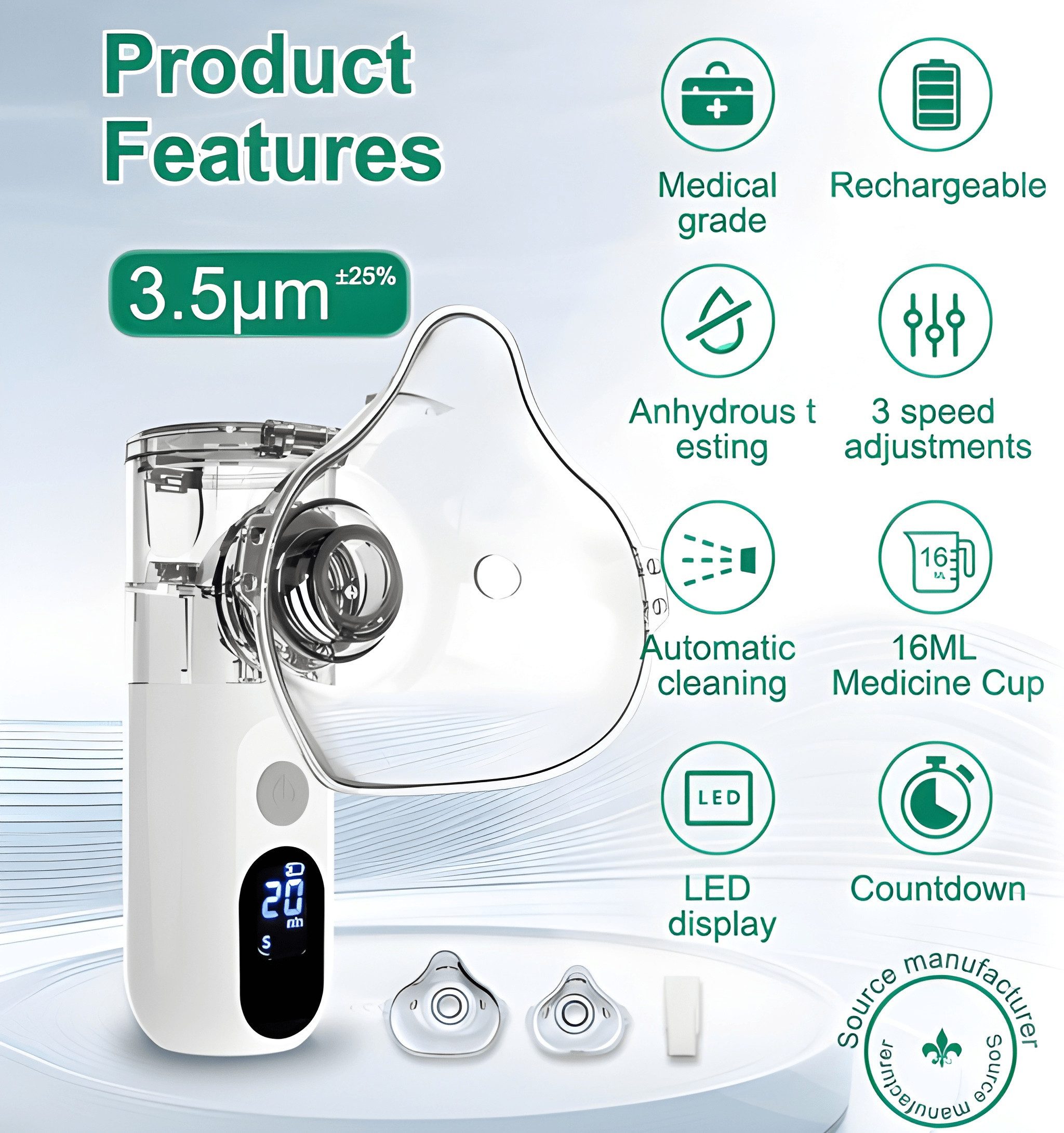 Athlix Inhalationsgerät Inhalator Vernebler für Kinder und Erwachsene mit LED-Bildschirm, Drei Nebel-Stufen, < 3,5 µm Partikelgröße, Reinigungsfunktion