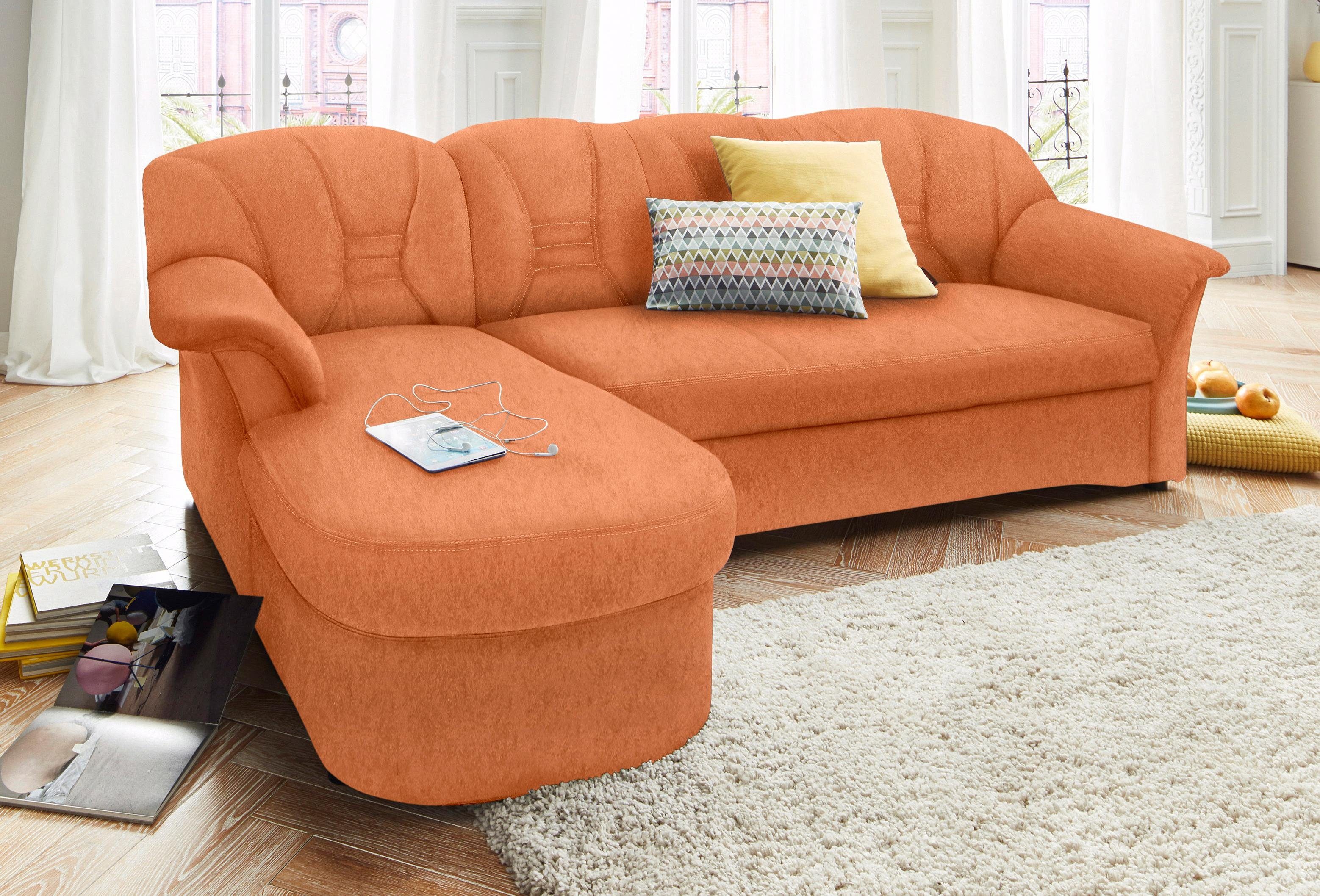 DOMO collection Ecksofa Elva, zeitloses Design, elegante Rückensteppung, Breite 233cm L-Form, wahlweise mit Bettfunktion und Federkern