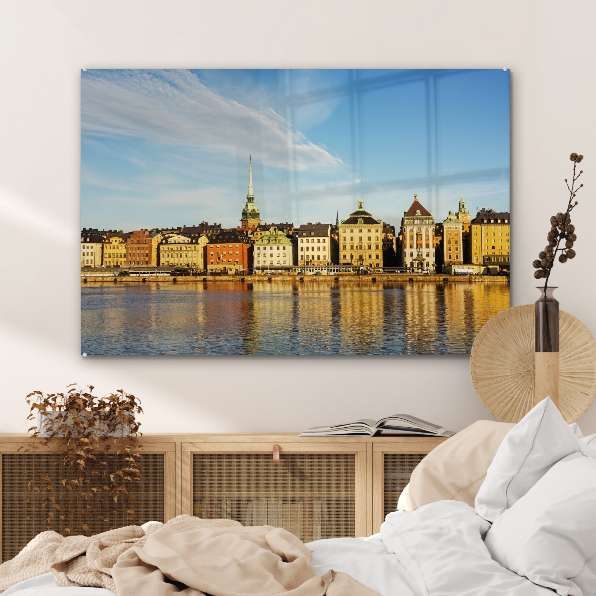 MuchoWow Acrylglasbild Gebäude über dem Wohnzimmer Acrylglasbilder Schweden, in Hafen & Schlafzimmer St), Stockholmer (1