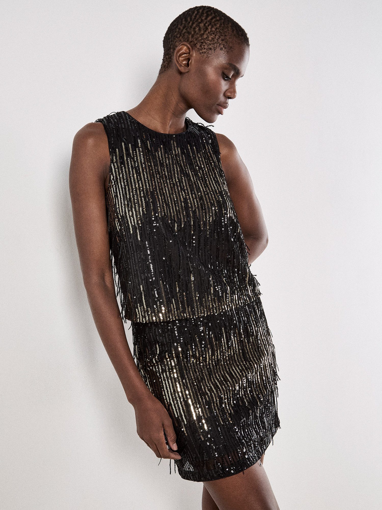 Apricot Paillettenshirt Partytop mit Pailletten und Fransen