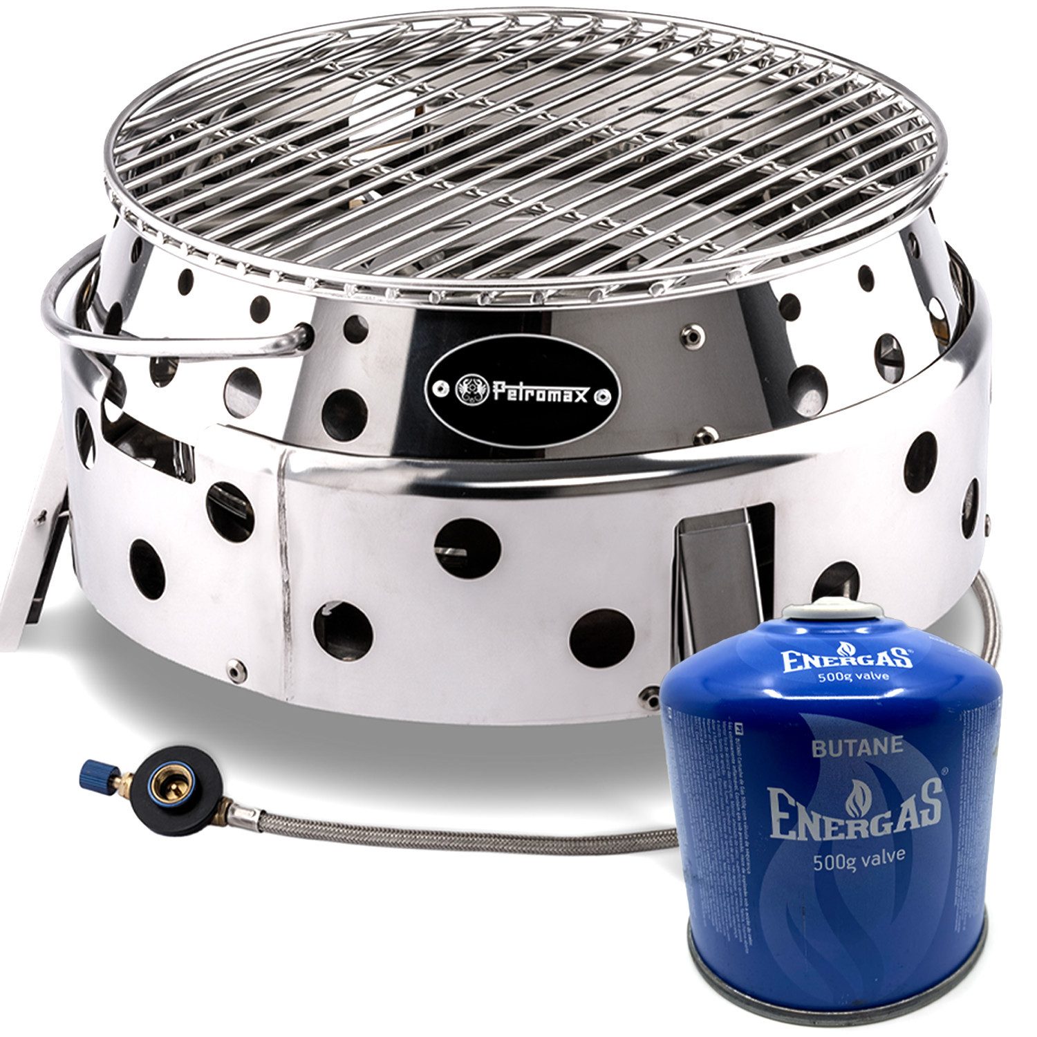 Petromax Camping-Gasgrill Atago Gasgrill Gaskartusche 500g Grillrost Ø 28cm Campinggrill, Spar-Set, 2-teilig, mit intelligenten Klappmechanismus