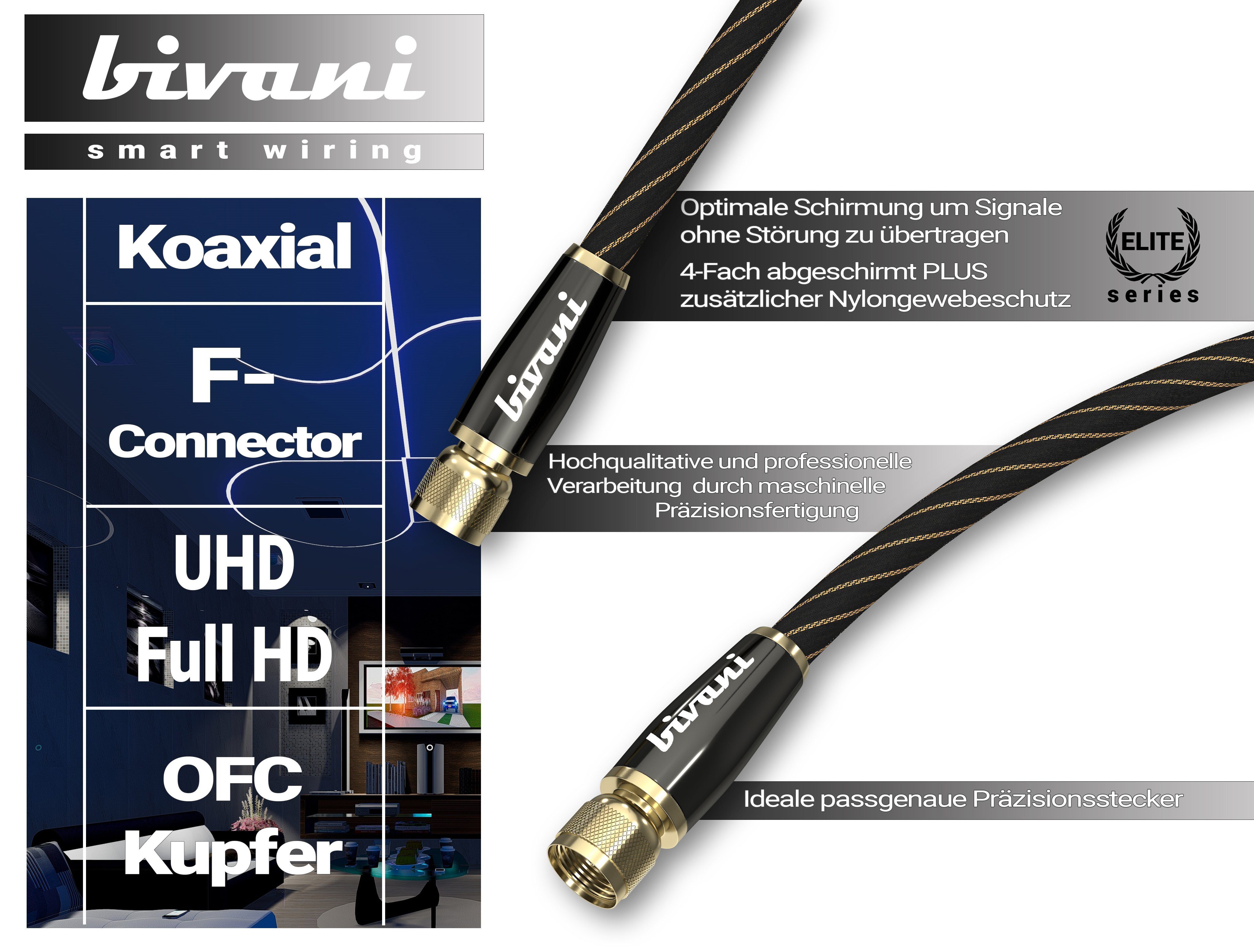 bivani Premium SAT Koaxial Antennenkabel F-Stecker SAT-Kabel, F-Verbinder,  F-Verbinder (100 cm), Koaxialkabel, Fernsehkabel, Modemkabel, Radio, DVB-T,  DVB-T2, DVB-C, DVB-S, DVB-S2, FullHD, UltraHD, UHD, HDTV, TV