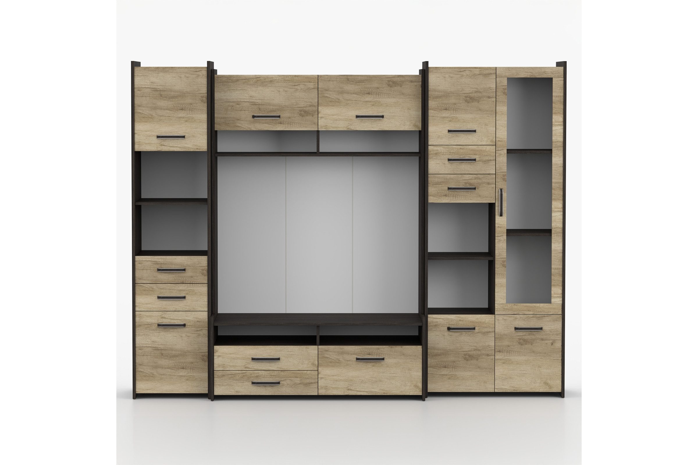 Deine Möbel 24 Wohnwand MAURO MINI 232 cm – Moderne Wohnzimmerschrankwand, (Set, 1-St., Wohnwand mit Stauraum), mit TV-Board, Vitrine und Regalen, in Eiche