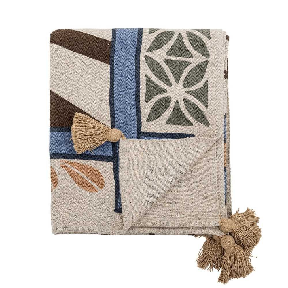 Wolldecke Bloomingville Decke RUDAUR Natur Blau Rot mit Quasten in Beige, Bloomingville