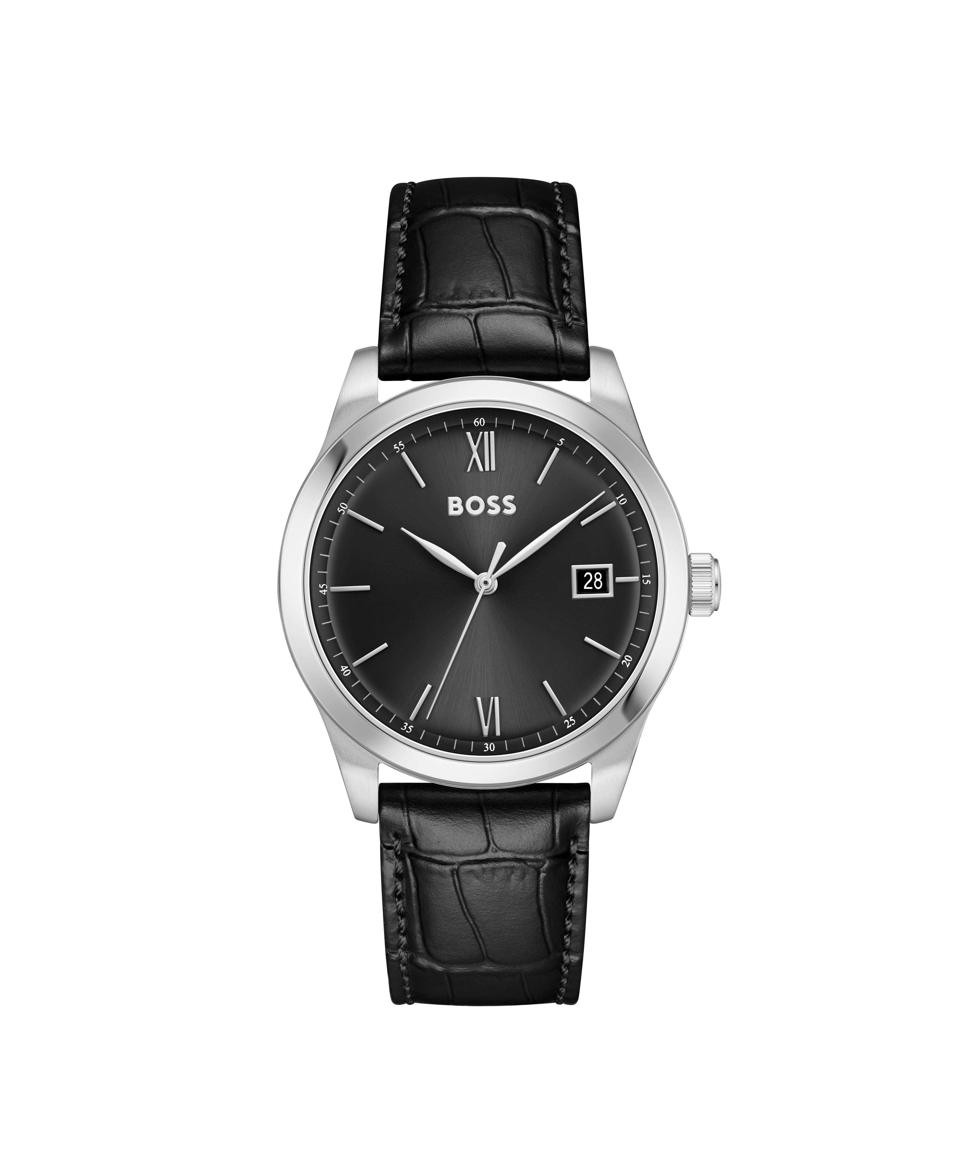 BOSS Quarzuhr LANGFORD 1514356, Armbanduhr, Damenuhr, Herrenuhr, Lederarmband, analog, Tag