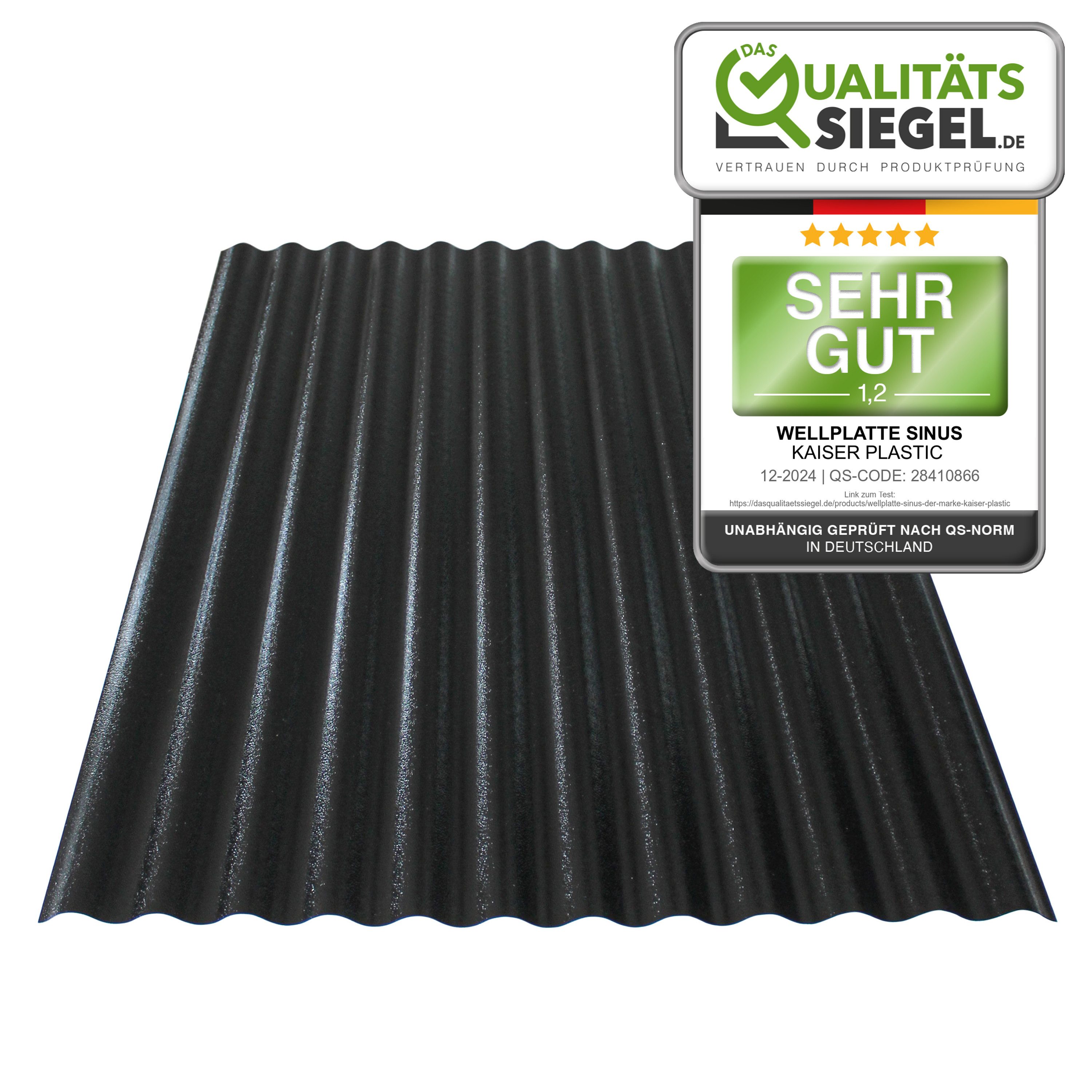 Kaiser plastic Wellplatte in verschiedenen Größen & Farben - Extra Robust (PC), 1,2 mm, (Dachplatten C-Struktur 1,2mm Stärke, Sinus 76/18 Welldach, 1-St., Lichtwellplatten), Made in Germany - Hagelfest & UV-Schutz - Schwarz - Größe: 90 x 117cm