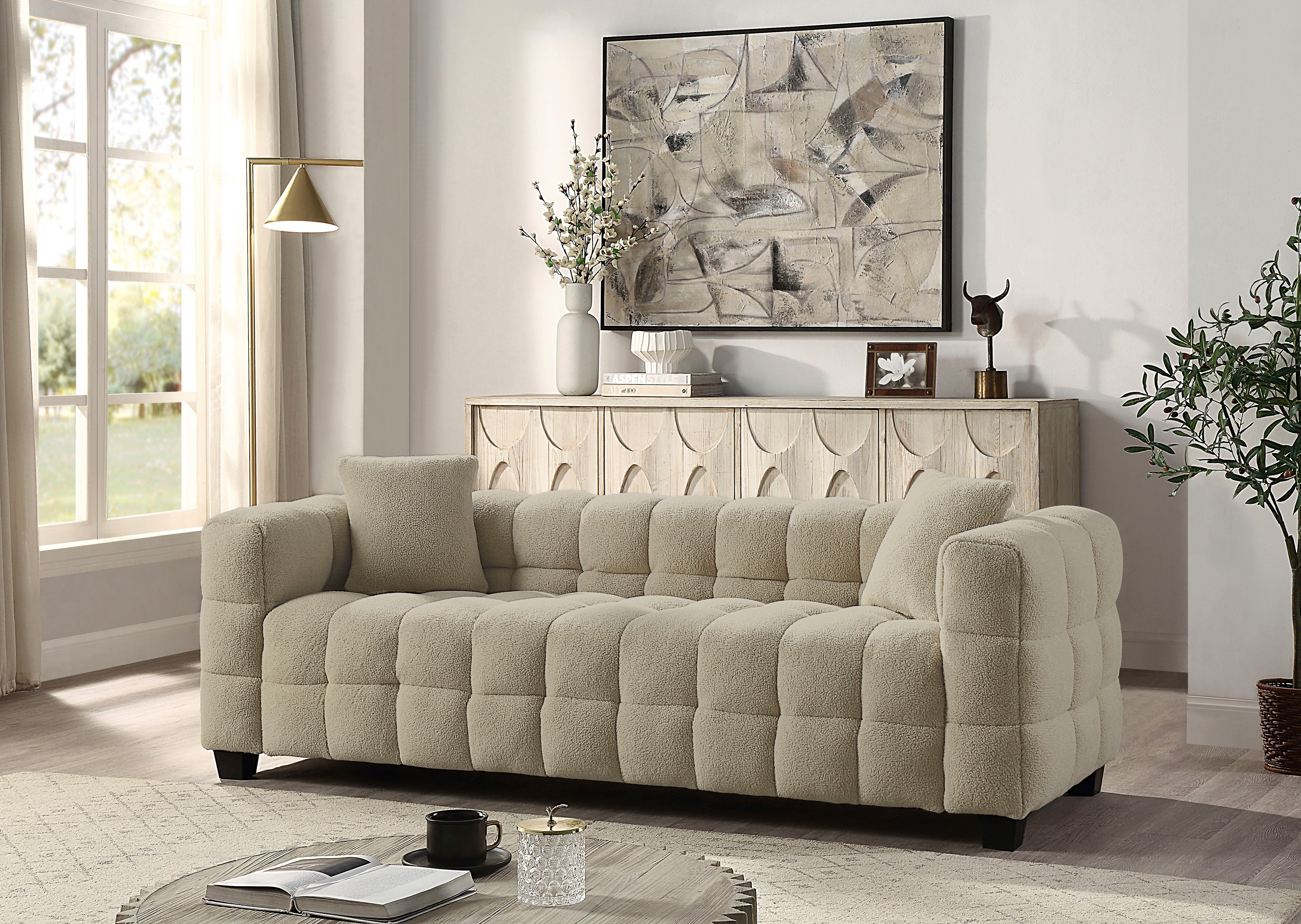 ATLANTIC home collection 3-Sitzer Stella, inkl. 2 Zierkissen und mit modernem Teddy Stoff creme-braun | Einzelsofas