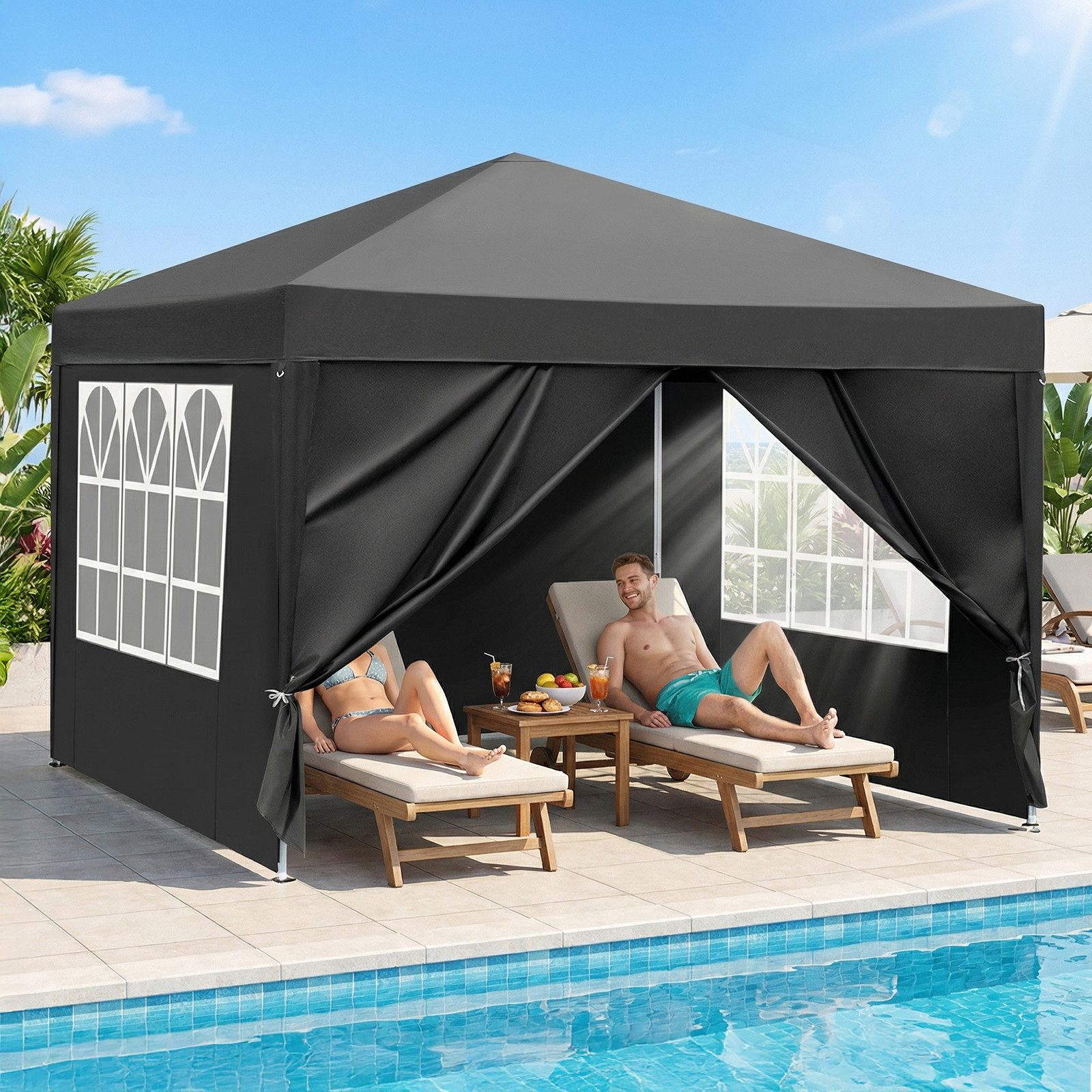 LALAHO Faltpavillon 3x3 m Gartenpavillon mit 4 seitenteilen Pop Up Pavillon UV-Schutz 50+, mit 4 Seitenteilen, Partyzelt höhenverstellbarer, mit Tragetasche, für Garten Camping