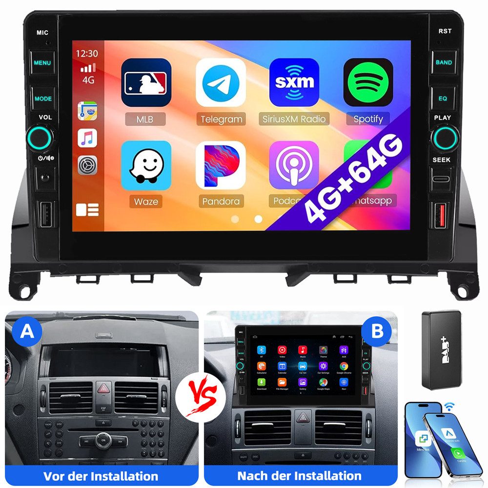 ESSGOO Für Mercedes Benz C-Klasse W204 S204 2008-2010 Android 15 Carplay Autoradio (RDS, Digitalradio (DAB), FM, AM)