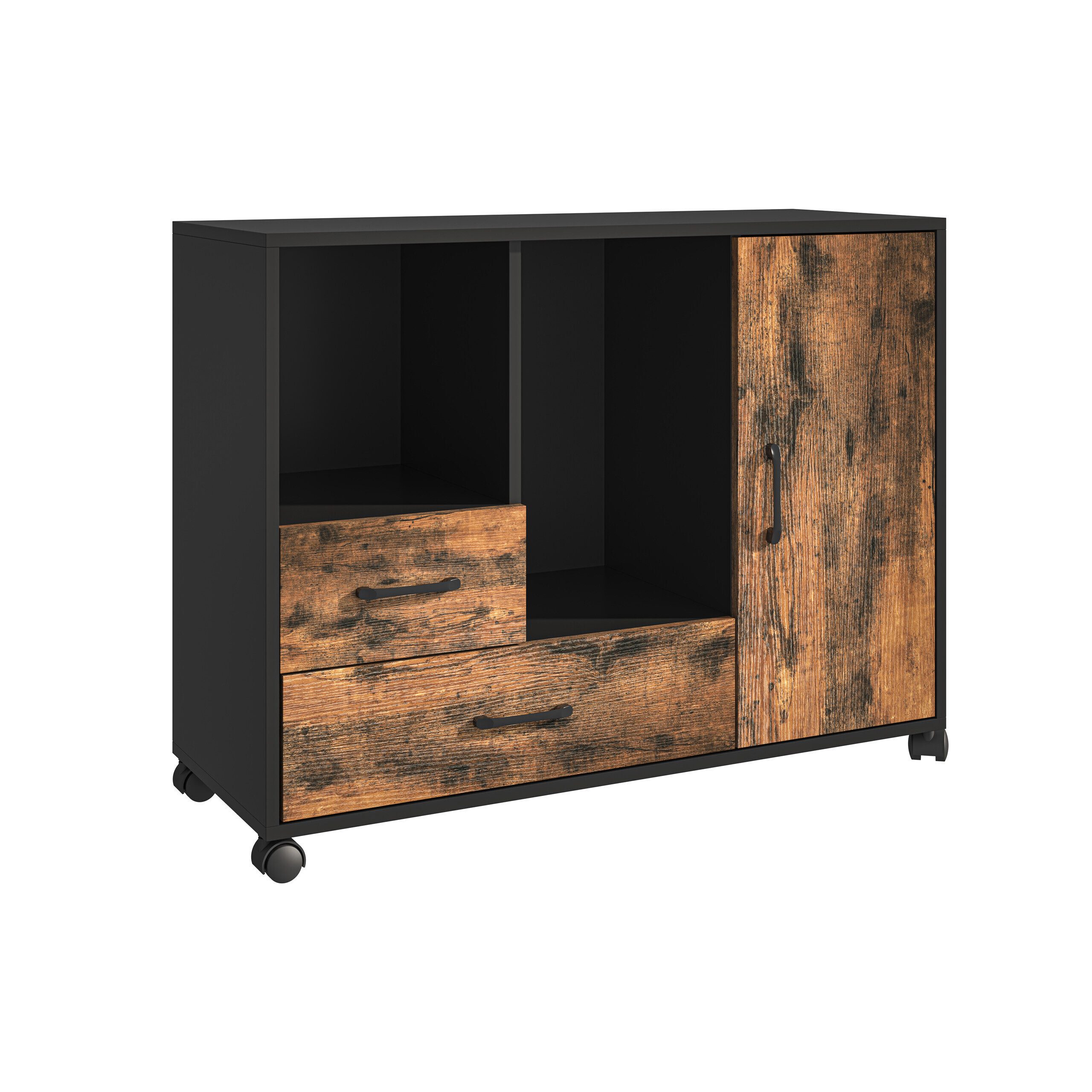 relaxdays Rollcontainer 2 Schubladen & 4 Fäch, Industrial-Schwarz